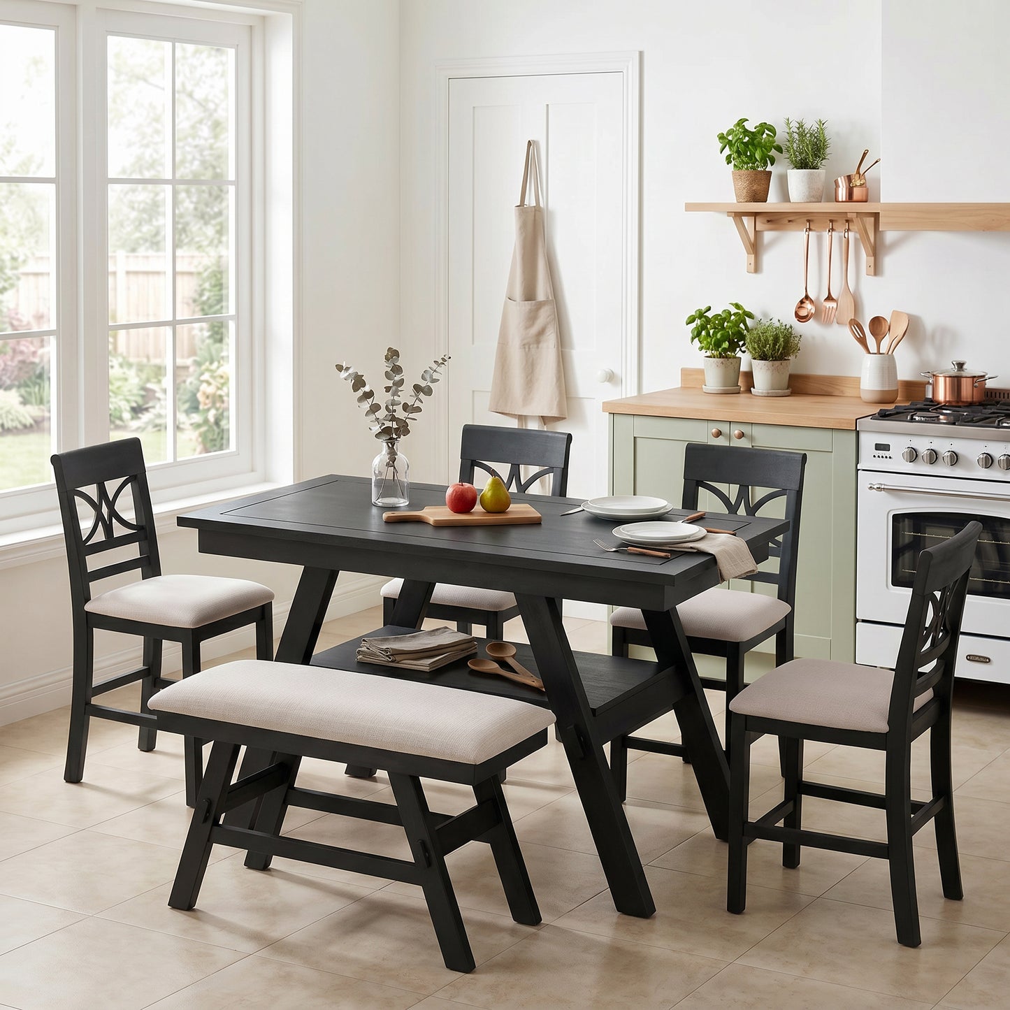 6-Piece Wood Counter Height Dining Table Set with Storage Shelf