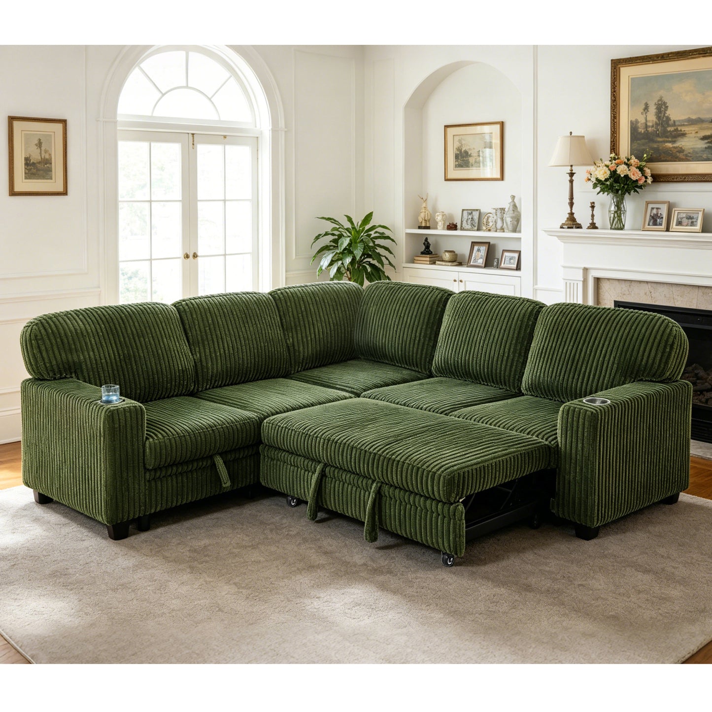 L-Shaped Sectional Sofa Bed with USB Charging & Storage - Olive Green