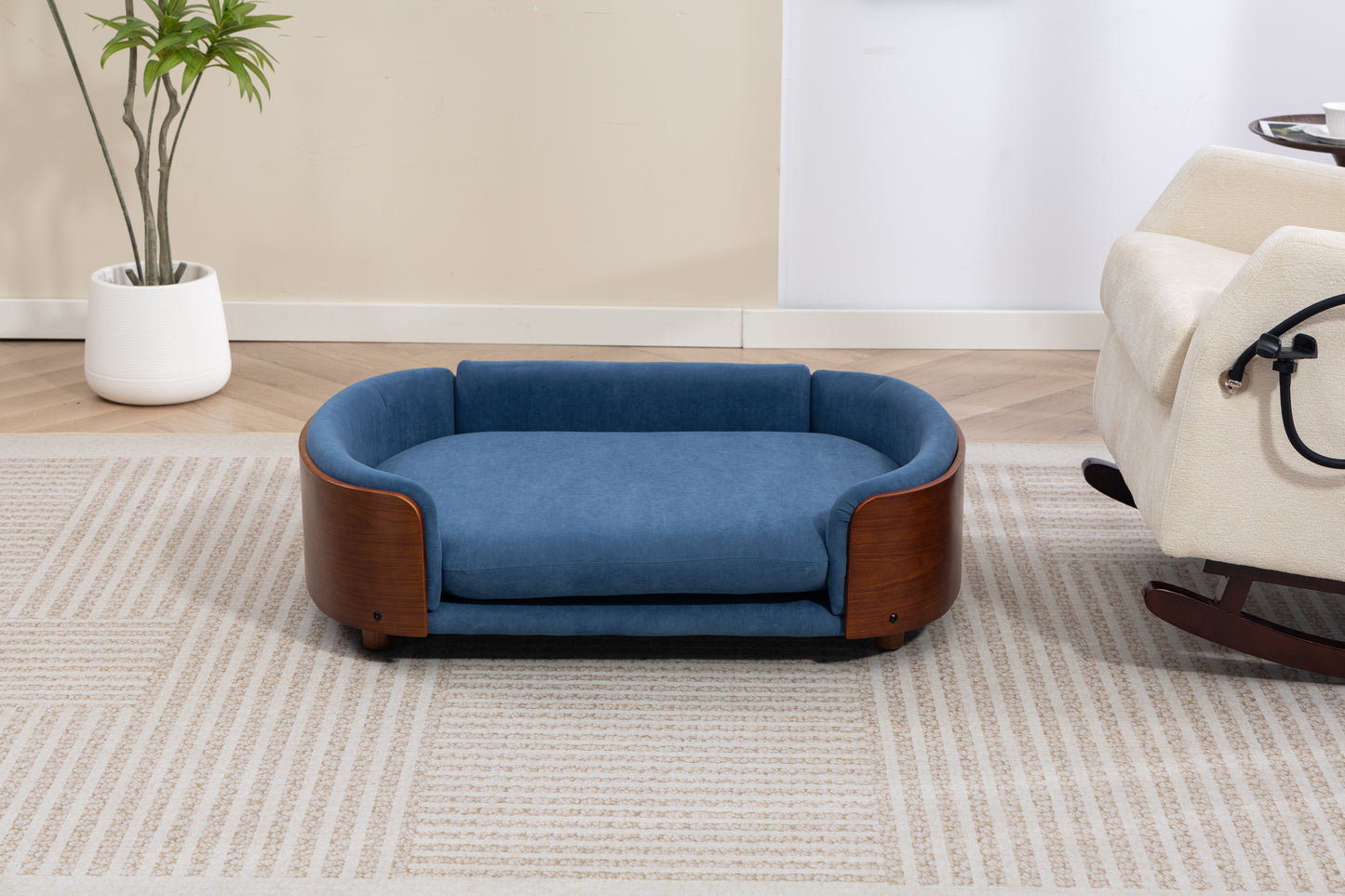 Large Scandinavian Style Elevated Dog Bed with Velvet Cushion and Solid Wood Legs