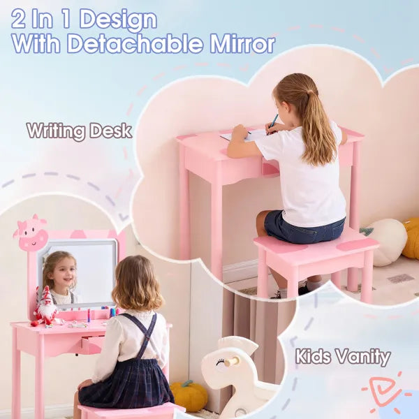 Children's Dressing Table Set with LED Backlight - Pink Cow Pattern