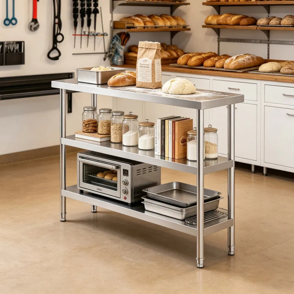 Sleek Metal Work Table With Easy To Clean And Adjustable Shelves For