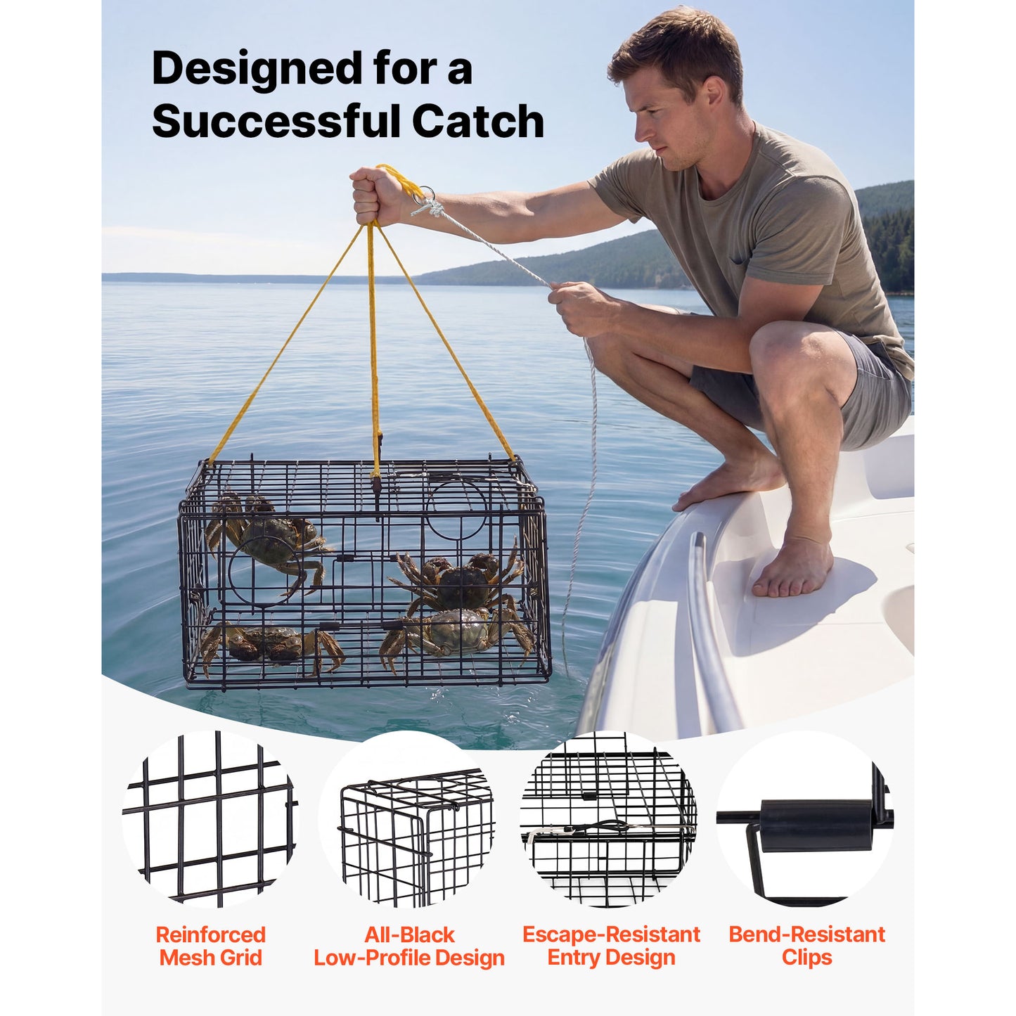 Heavy Duty Crab Trap Set with Wire Mesh, Float, Rope & Gloves - 24.4x24.4x11.8 Inch