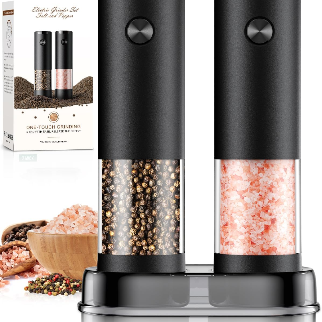 Electric Salt and Pepper Grinder Set with LED Light, Adjustable Coarseness, Large Capacity