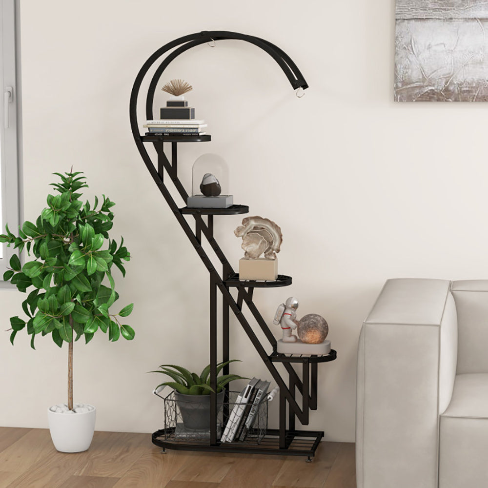 5-Tier Metal Plant Stand with Hanging Hooks - Indoor Outdoor Garden Display