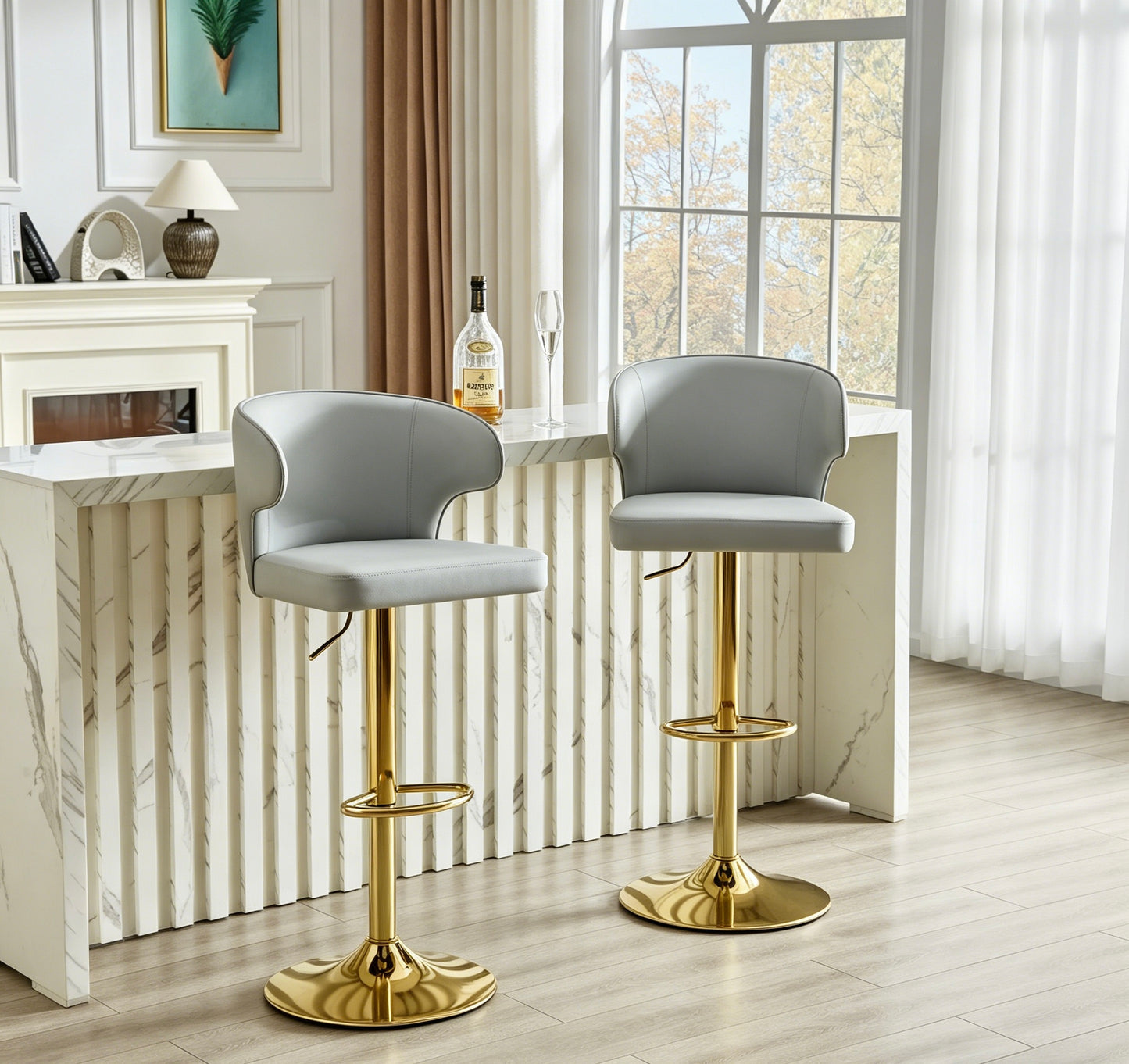 Modern Rotating Adjustable Bar Chair, PU Leather Belt Backrest Swivel