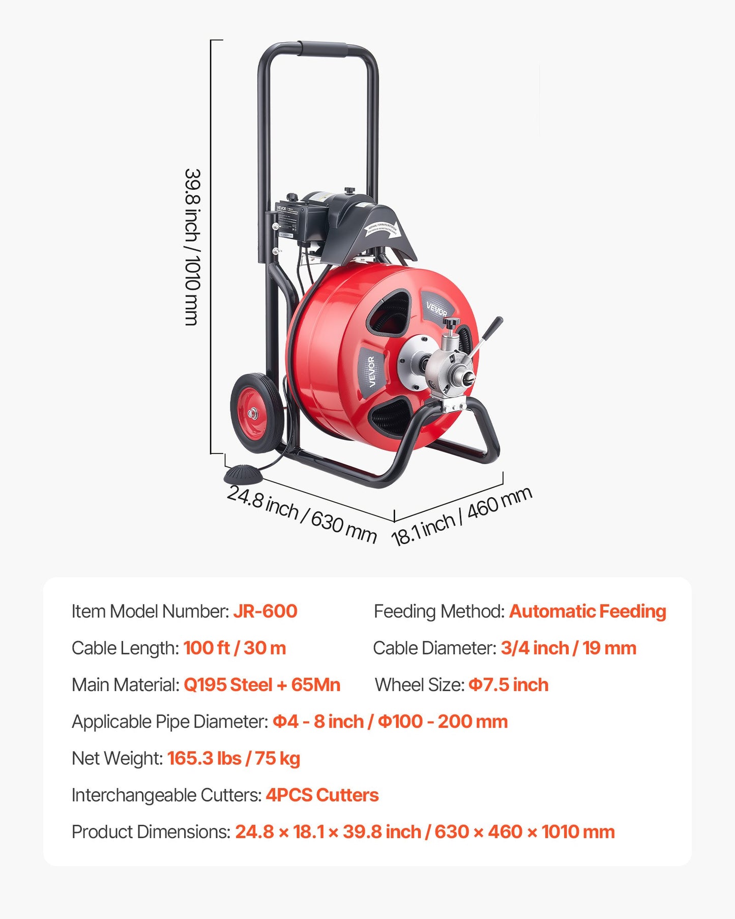 Drain Cleaner Machine 100FT x 3/4 Inch Sewer Snake Auger Portable with 4 Cutters & Foot Switch