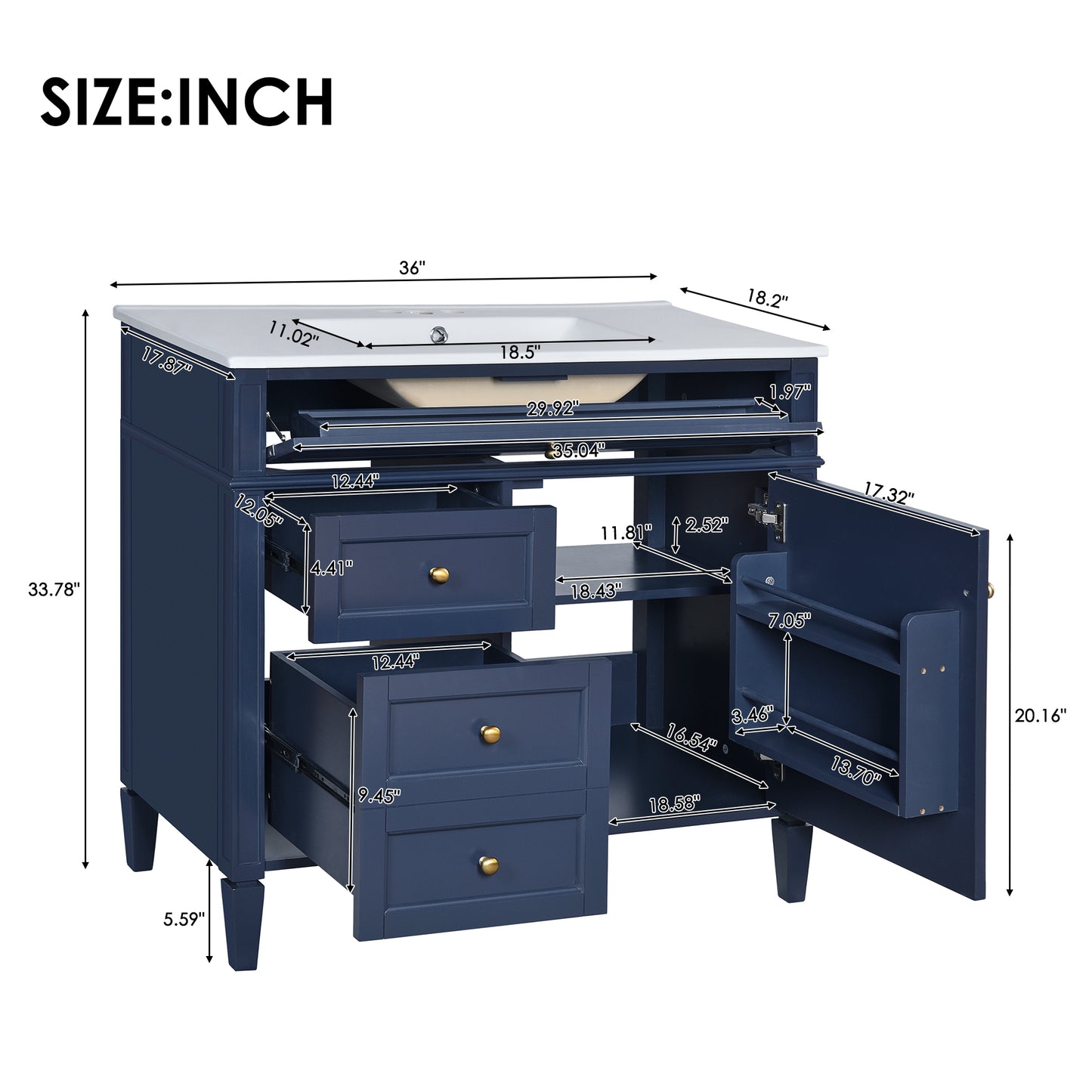 36'' Blue Bathroom Vanity with Ceramic Sink & 3 Drawers