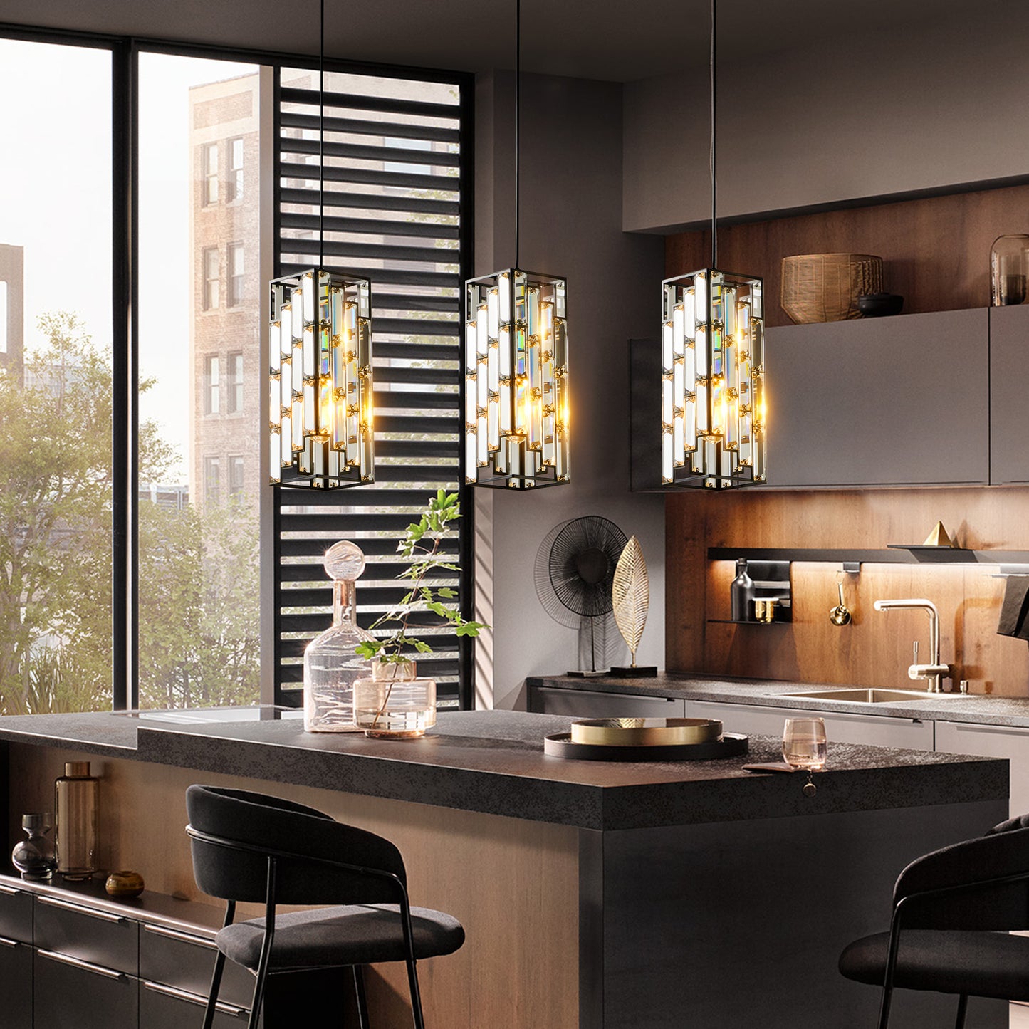 Modern Crystal Pendant Light - 3 Pack Adjustable Ceiling Lamp