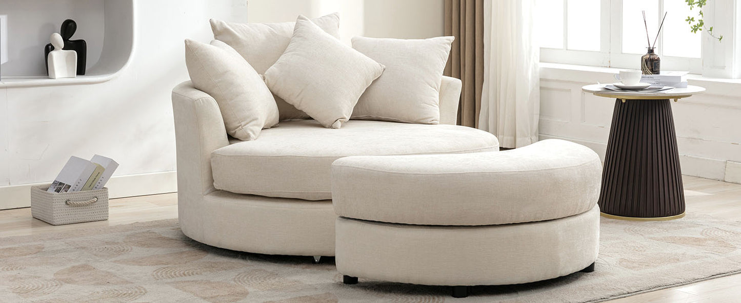 360° Swivel Accent Barrel Chair with Storage Ottoman & 4 Pillows - Cream