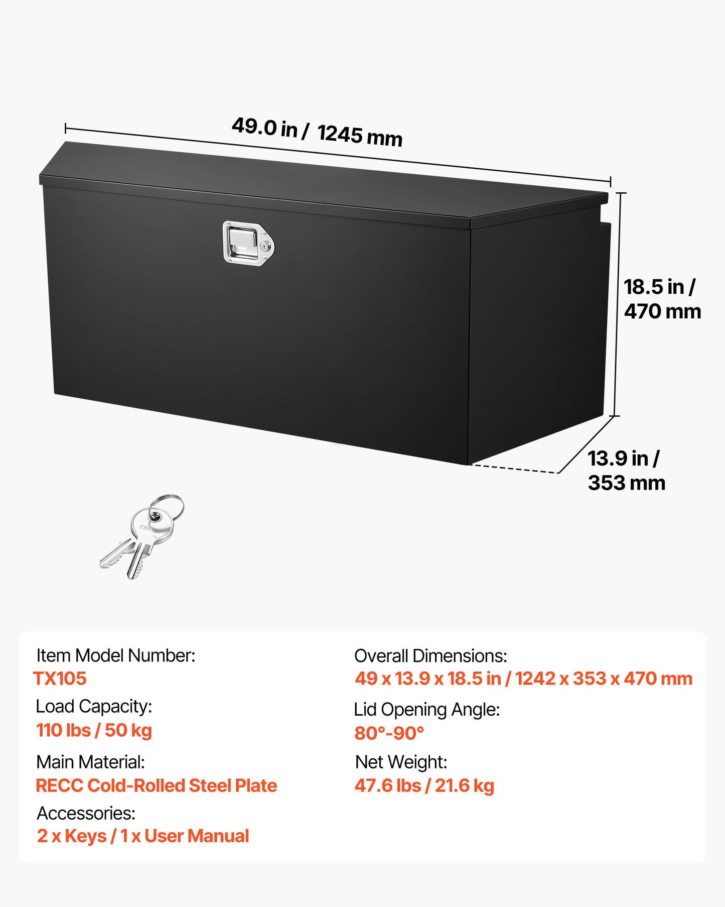 Heavy Duty Steel Trailer Tongue Box 49x13.9x18.5 inch Lockable Storage Organizer