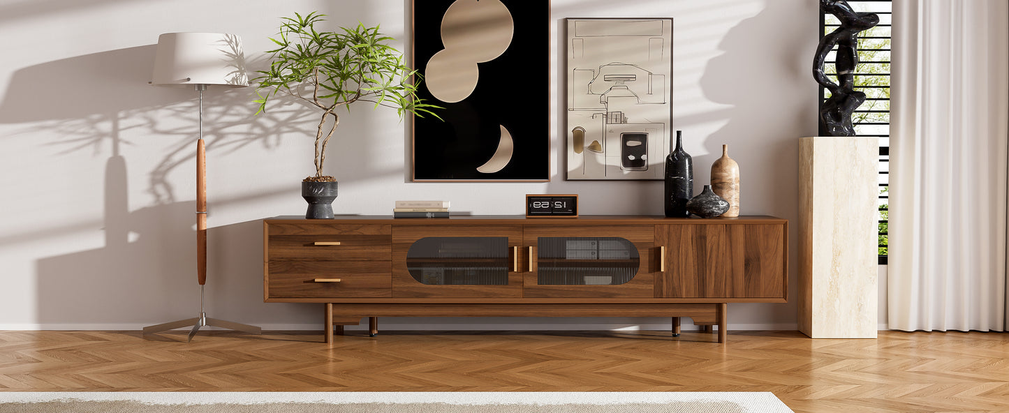 Modern 78-Inch TV Stand for TVs Up to 85" with Glass Doors & Drawers - Walnut