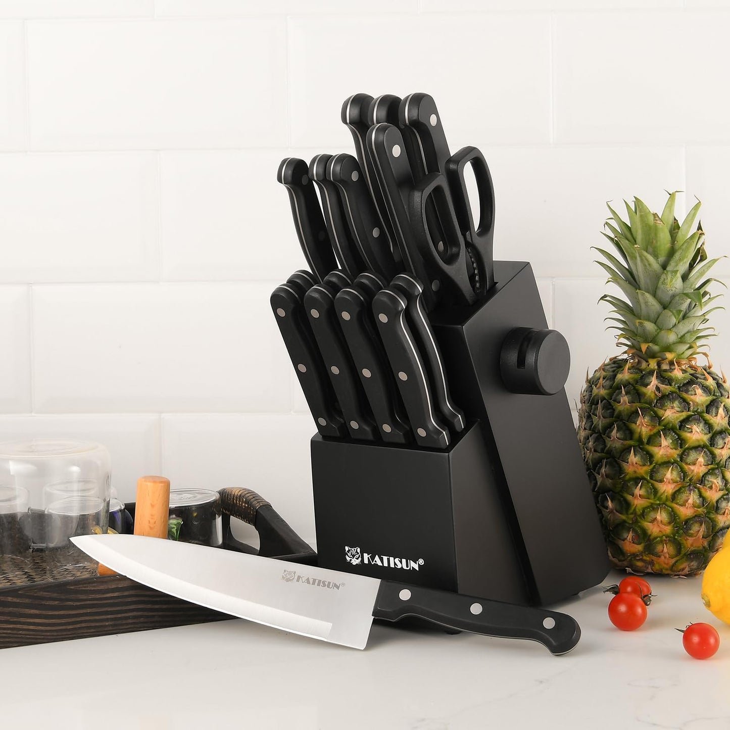 19-Piece Kitchen Knife Set with Built-in Sharpener - Black