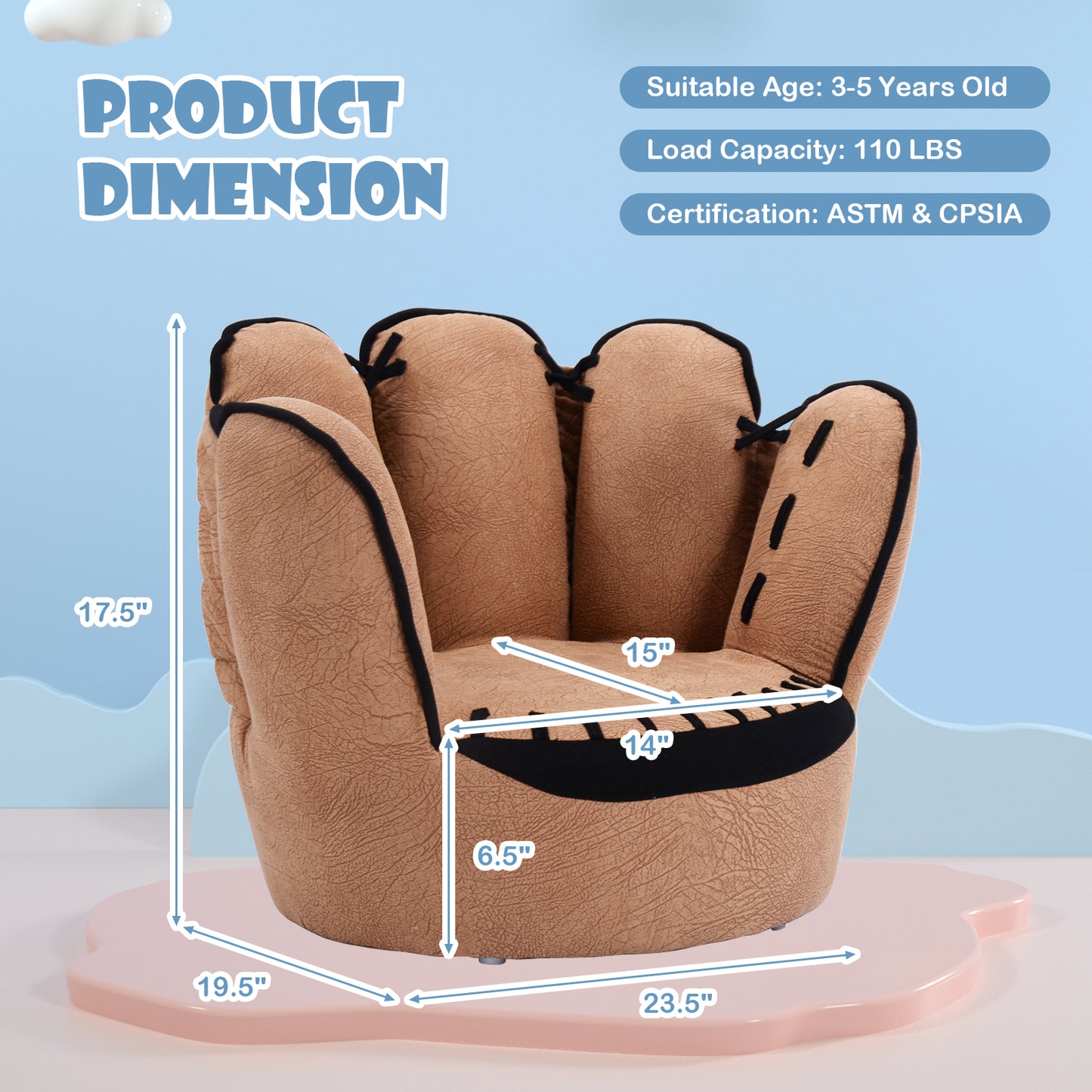Baseball Glove Shaped Kids Sofa - Upholstered 23" x 19"