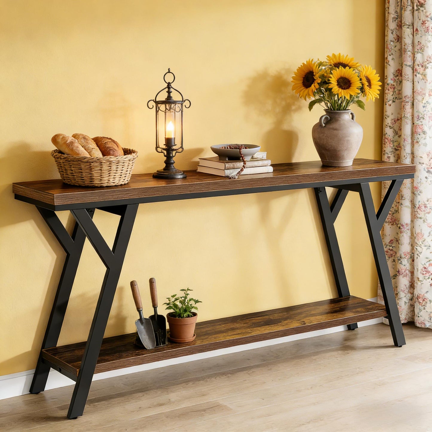 2-Tier Console Table - Black Rustic Brown Sofa Table