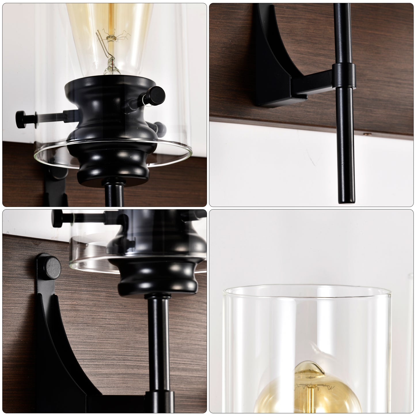 3-Light Matte Black and Wood Bathroom Vanity Light with Glass Shades