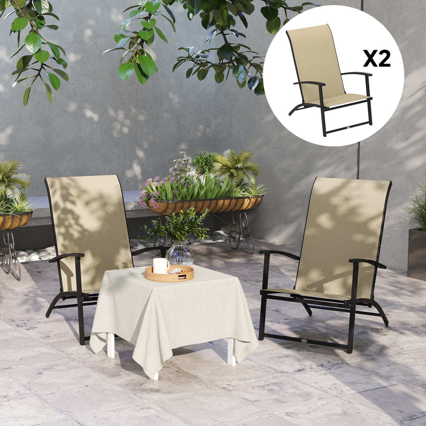 Set of 2 Folding Outdoor Dining Chairs with High Back & Armrests - Beige