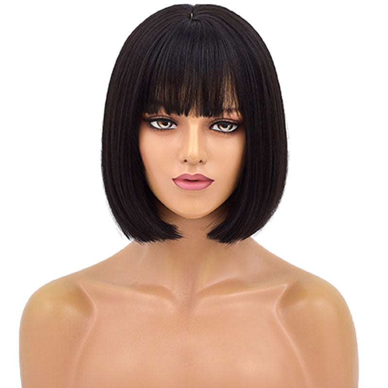 Women's Short Straight Hair Wigs with Bangs - Synthetic Fiber, Multiple Colors
