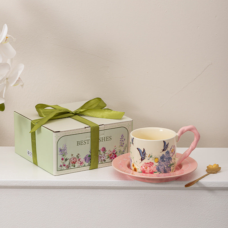 Ceramic Butterfly Coffee Cup and Saucer Gift Set - Vintage Kitchen Drinkware