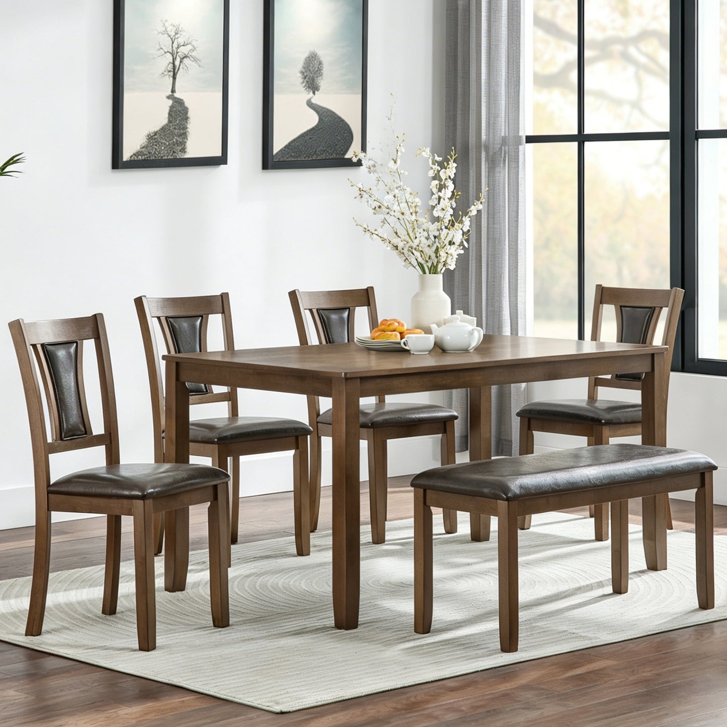 6-Piece Wooden Dining Table Set with Bench & Chairs - Walnut