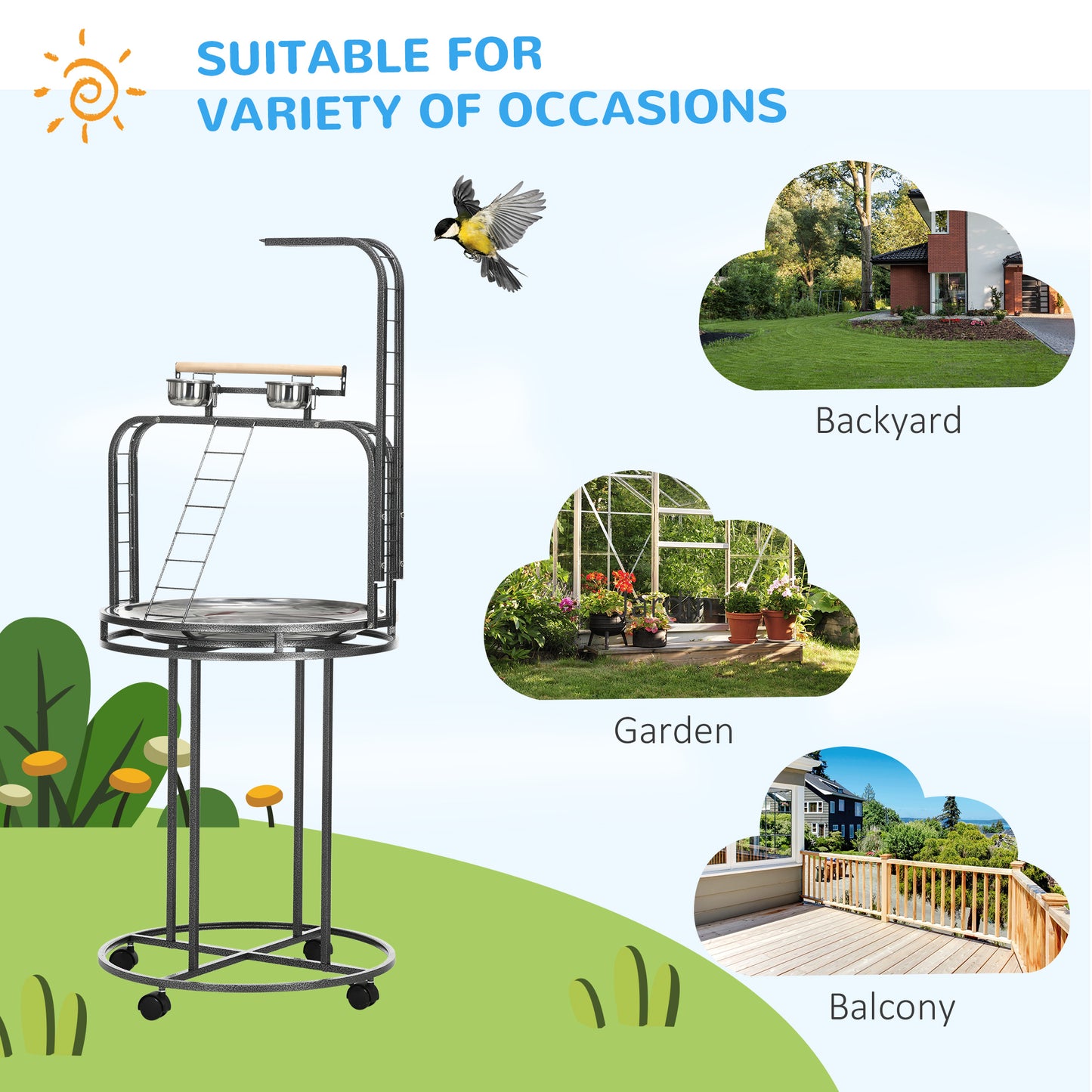 Large Bird Perch Stand with Toy Hooks and Ladders - Wooden & Steel Gray