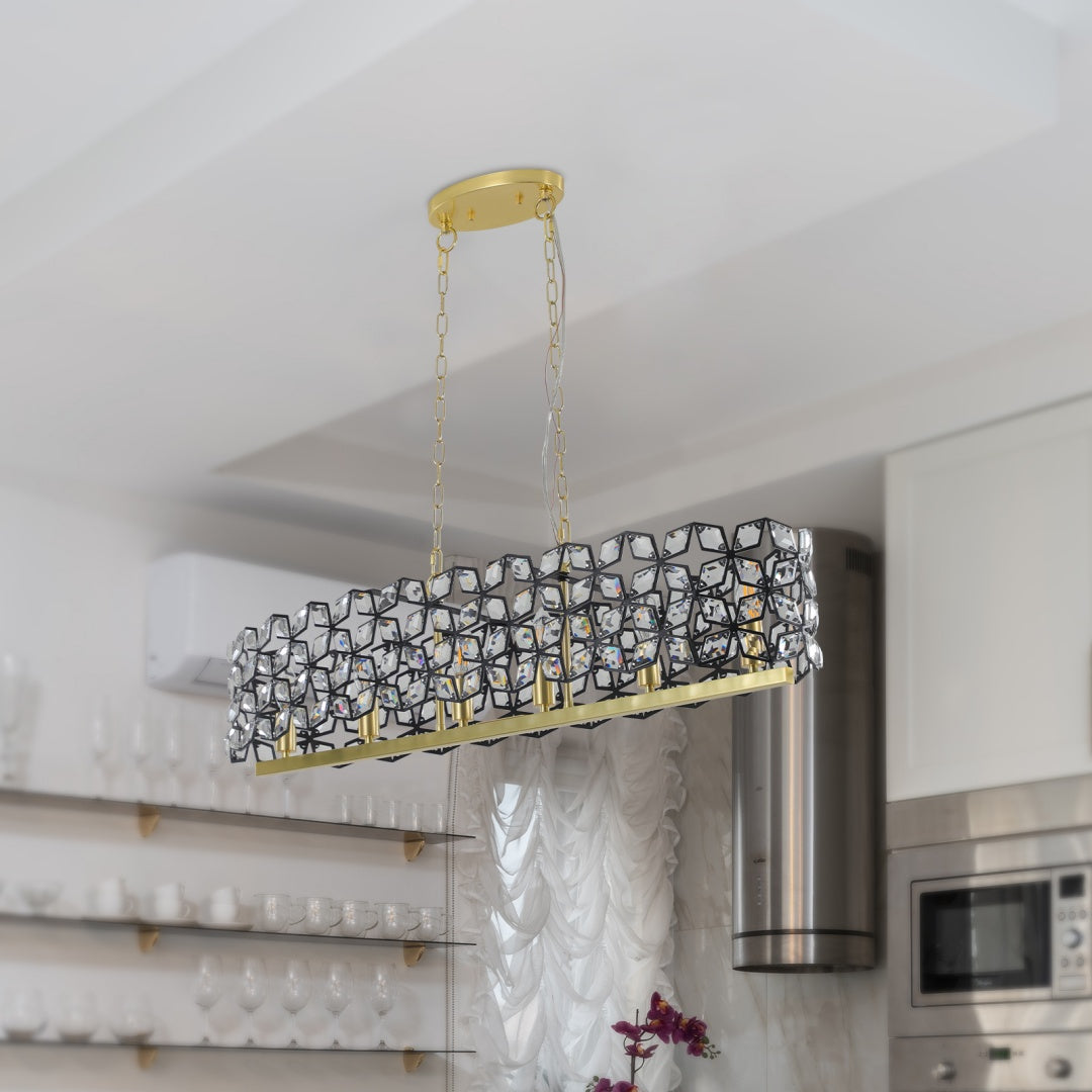 Contemporary Crystal Pendant Chandelier - Black & Gold Modern Light Fixture for Dining Room