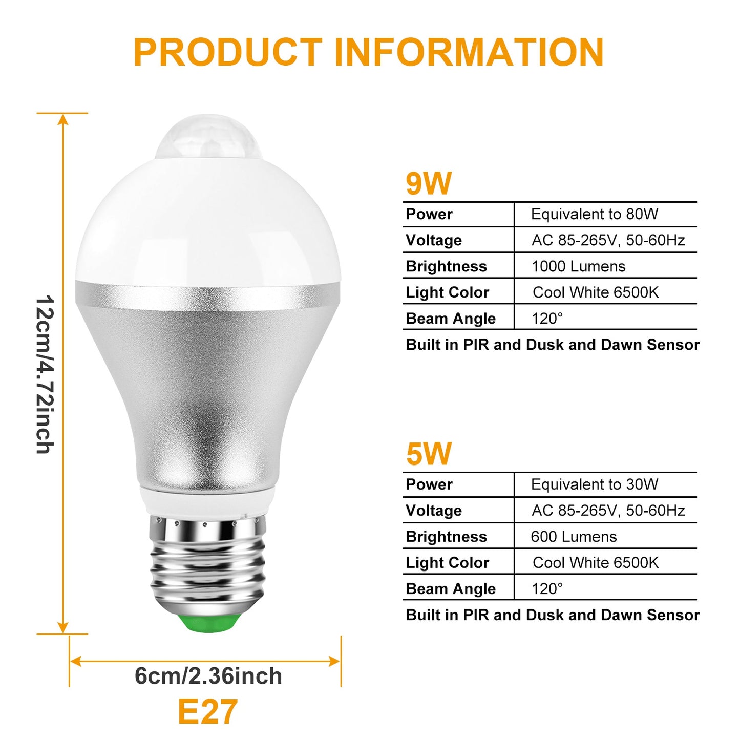 E27 Motion Sensor LED Light Bulb 9W Dusk to Dawn Indoor Outdoor