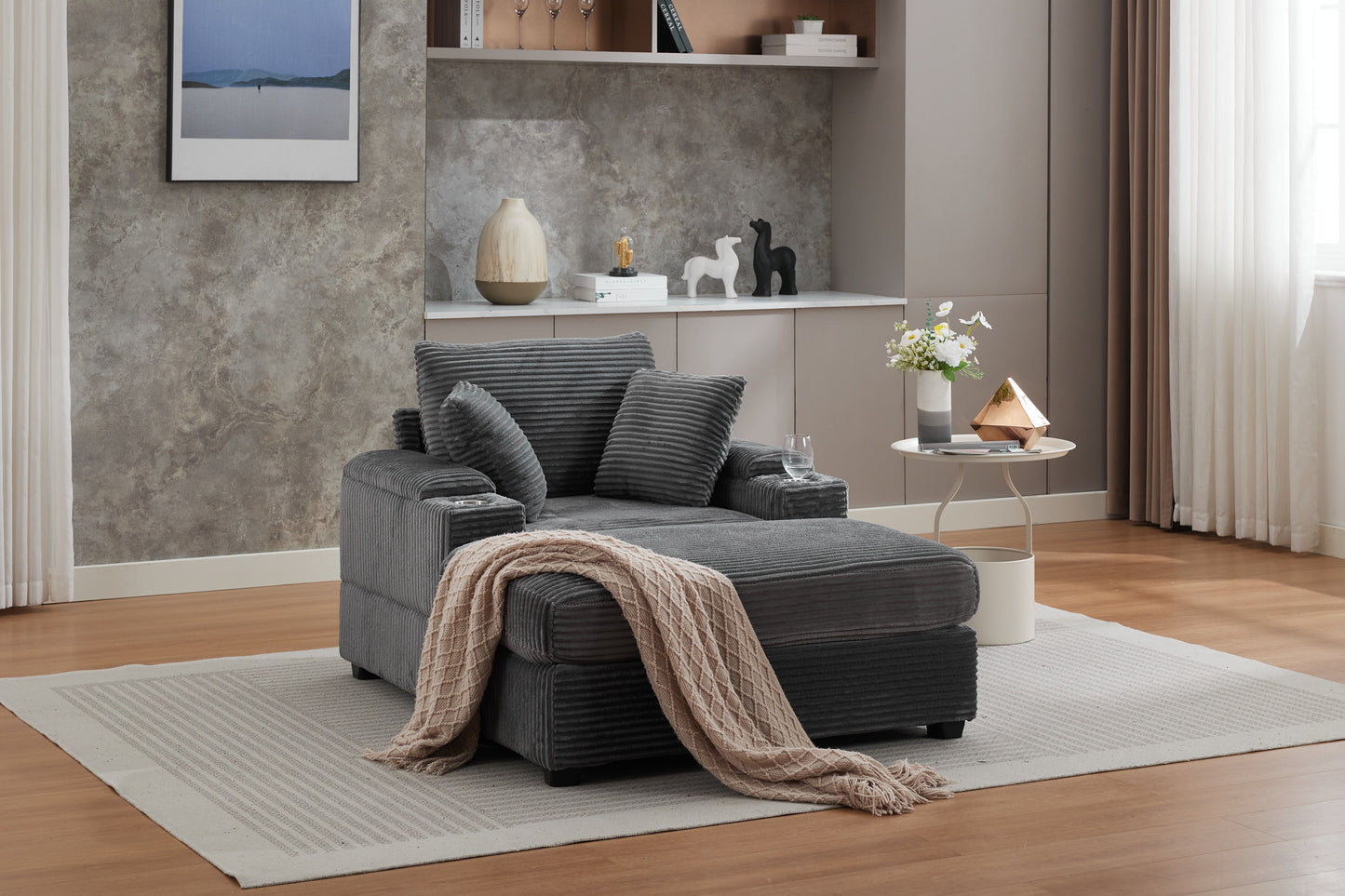 Corduroy Upholstered Chaise Lounge Sofa with Storage & Ottoman - Grey