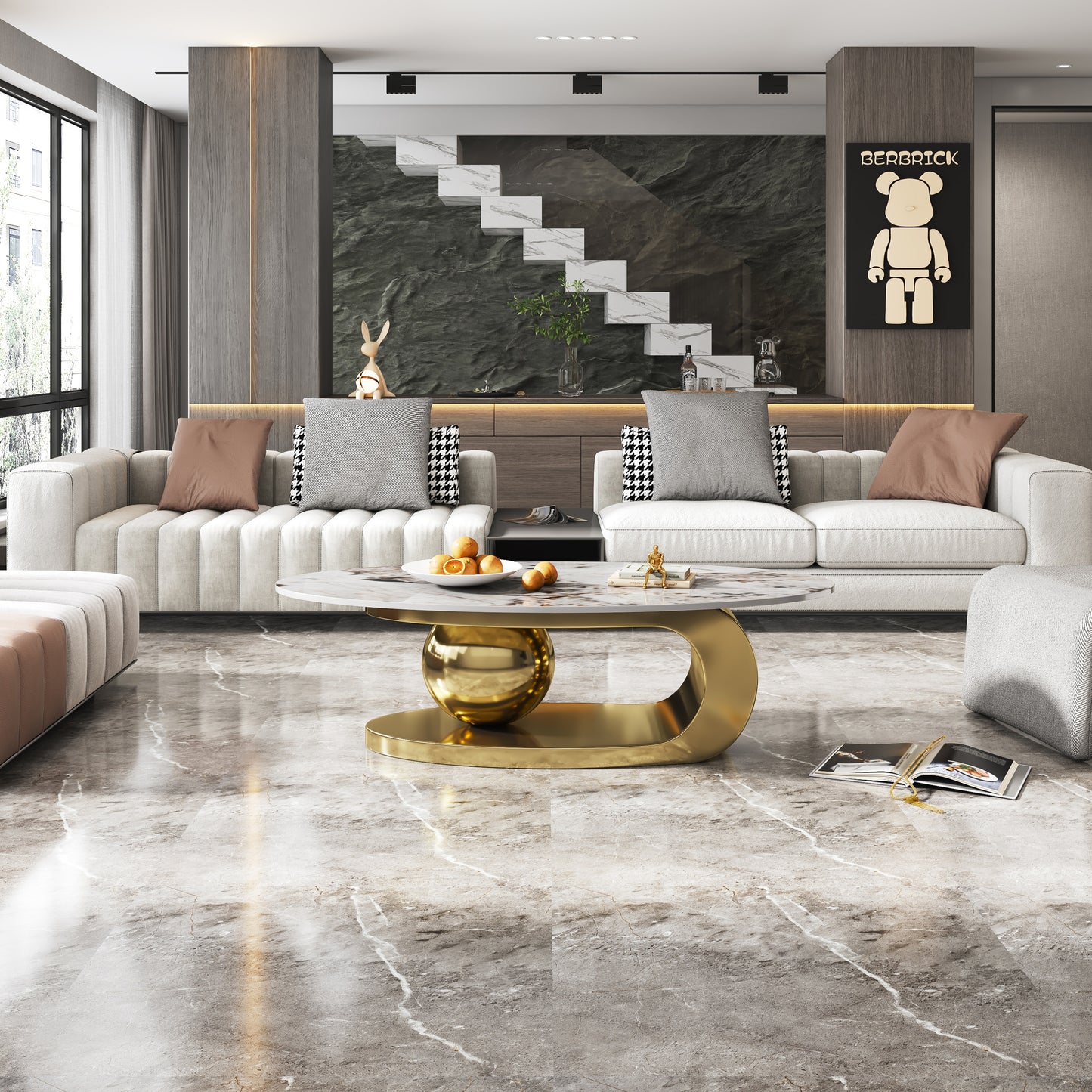 Oval Faux Marble Coffee Table with Stainless Steel Base - Gold Multi