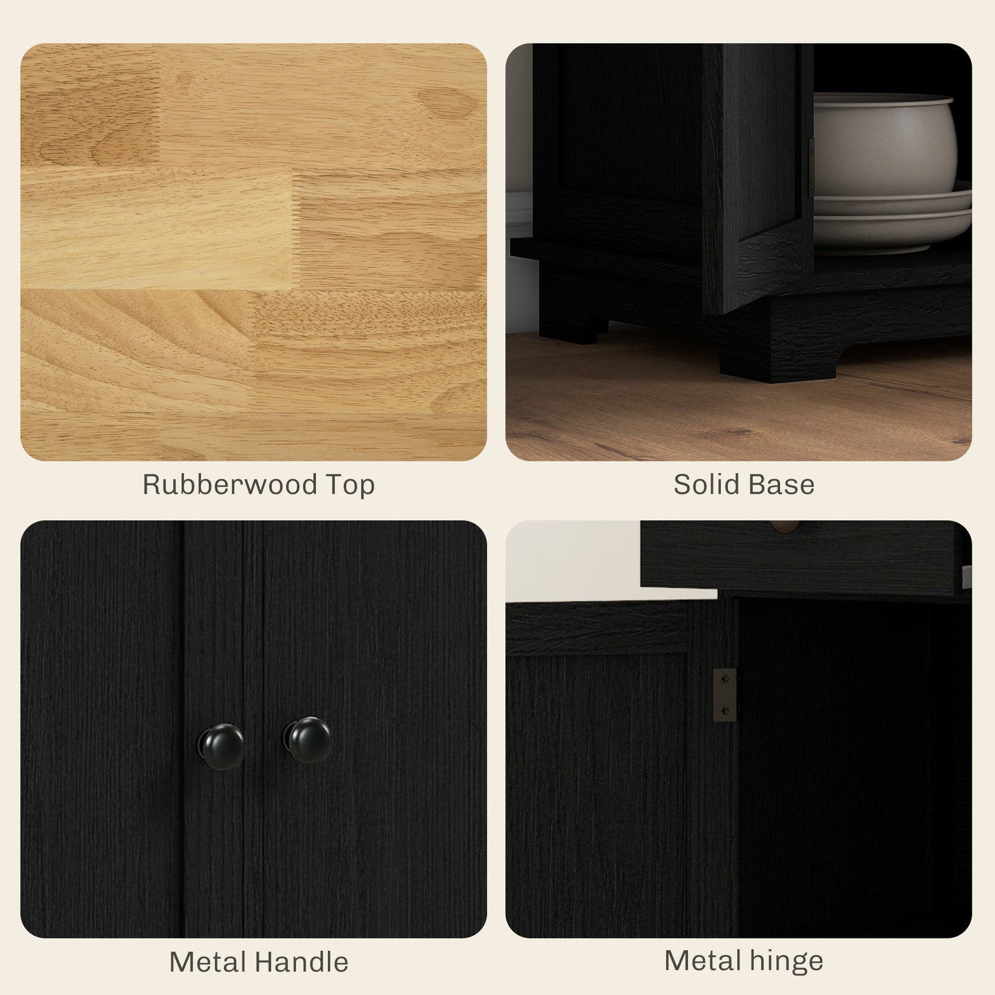 Kitchen Storage Cabinet with Solid Wood Top, 3 Drawers, Black