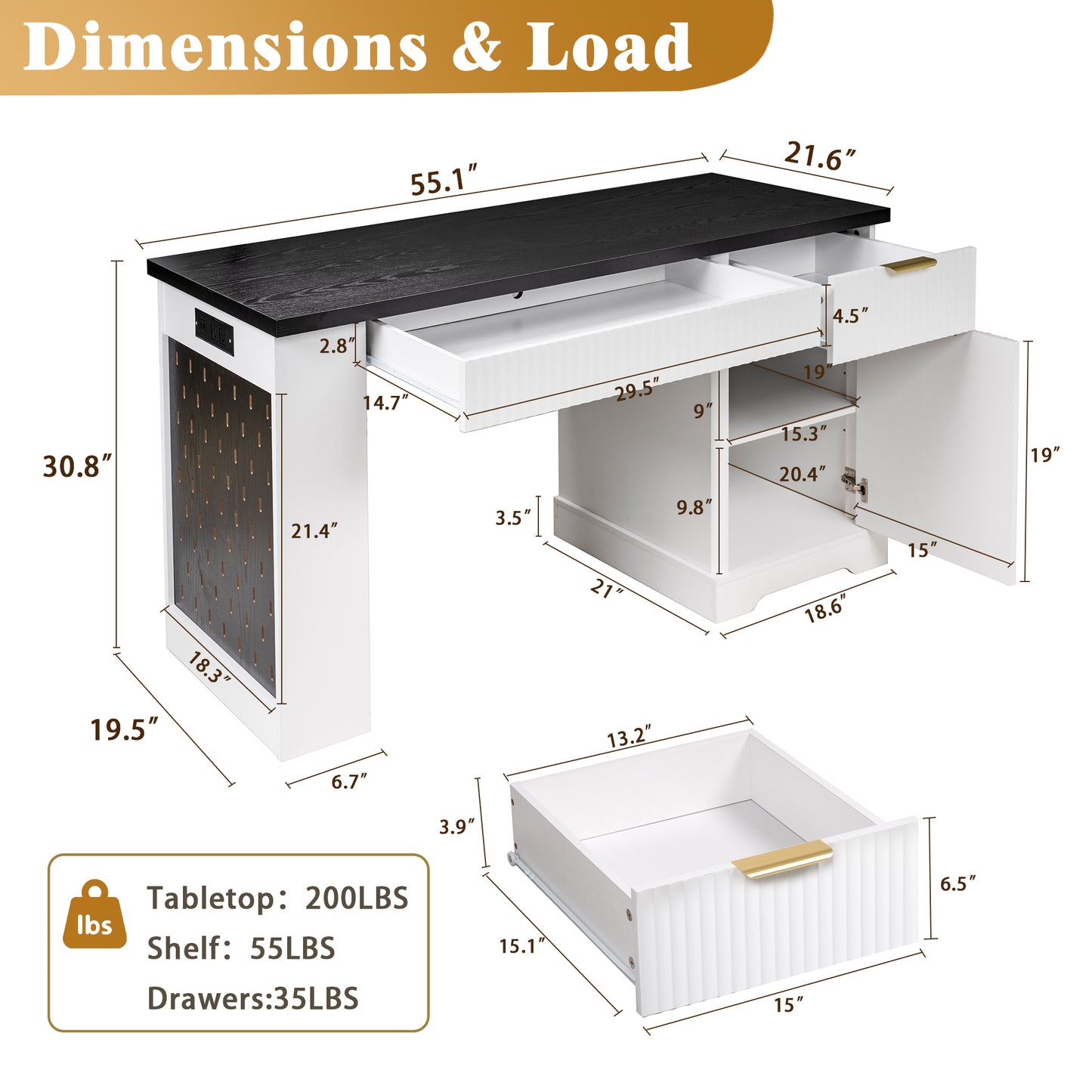 55" Modern Fluted Office Desk with Storage Cabinet & Power Outlet - White