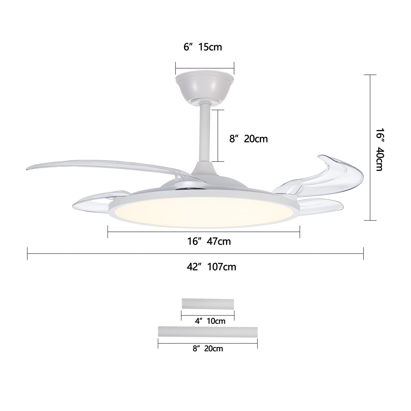 Retractable Ceiling Fan with Light and Remote Control - White