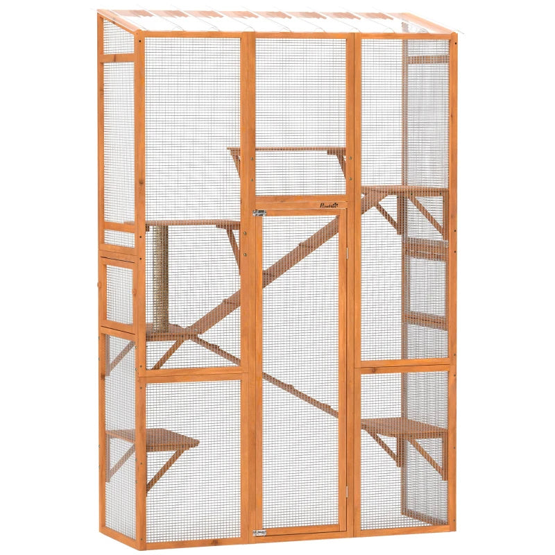 Large Wooden Outdoor Cat Enclosure with 6 Jumping Platforms & Scratching Post