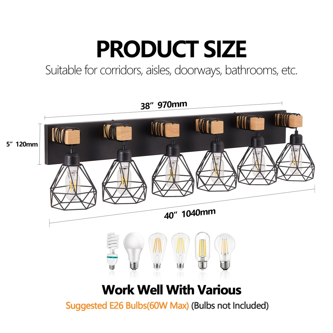 Modern 6-Light Vanity Light Fixture - Black Metal & Wood Accents