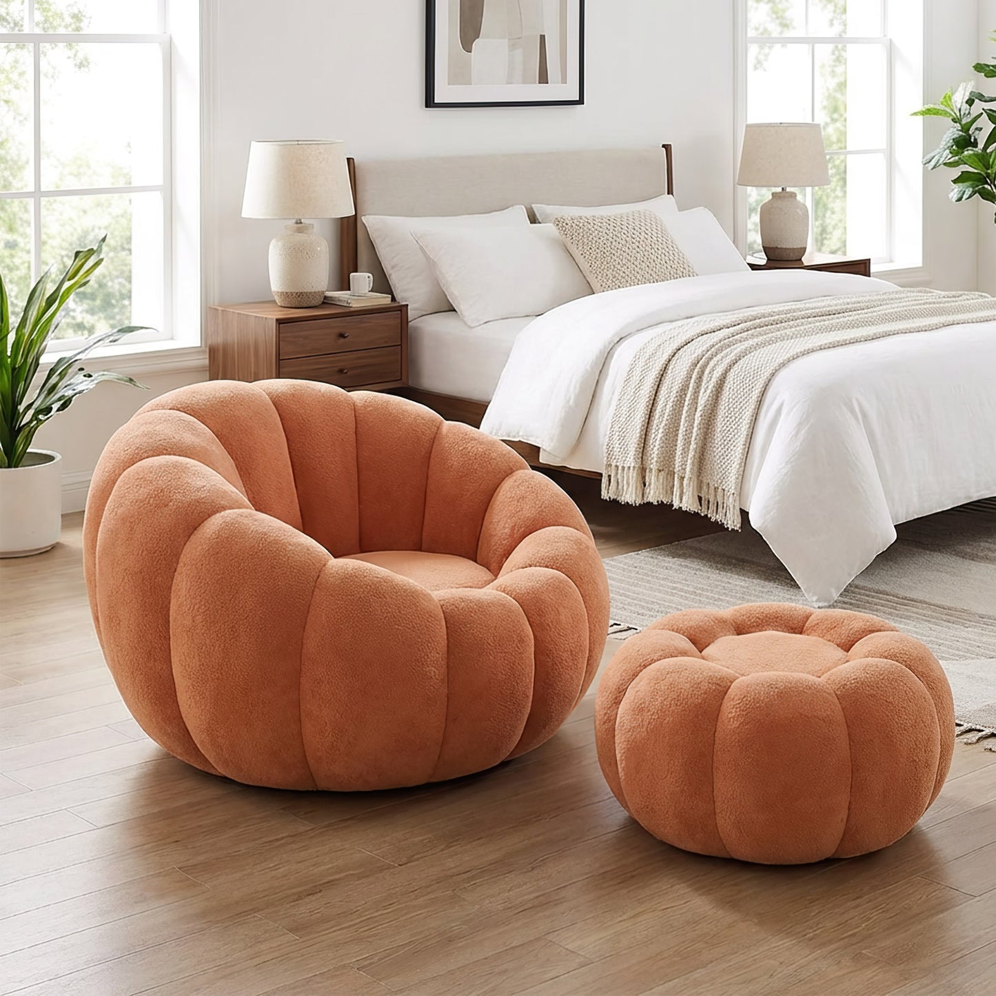 Pumpkin Shape Lounge Chair with Footstool - Brown