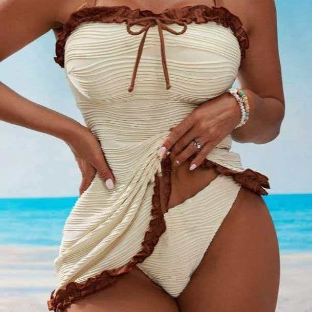 Striped Women's Swimsuit Set - Minimalist Design, Off-White