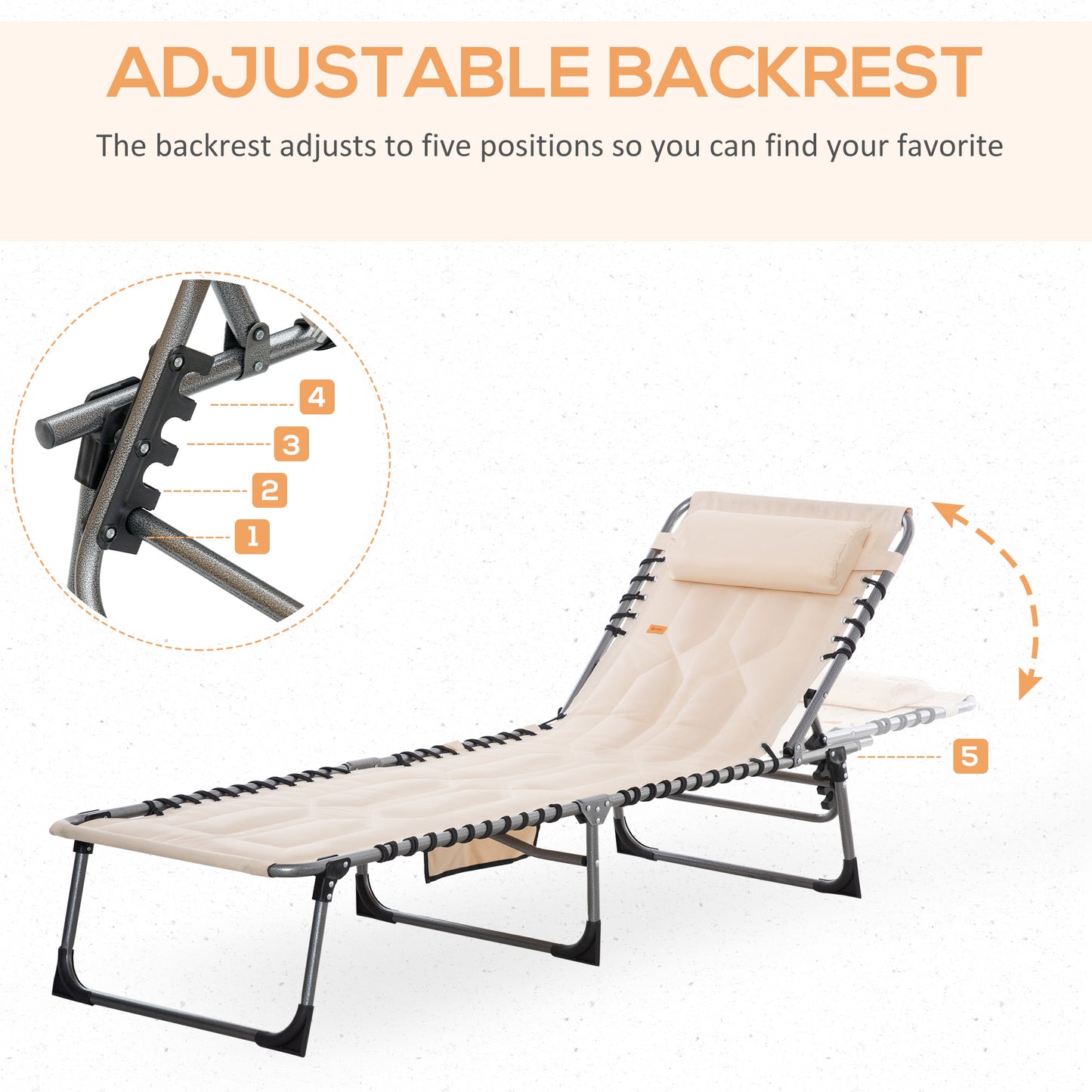 Padded Folding Chaise Lounge Chair - 6-Level Reclining Beach Chair