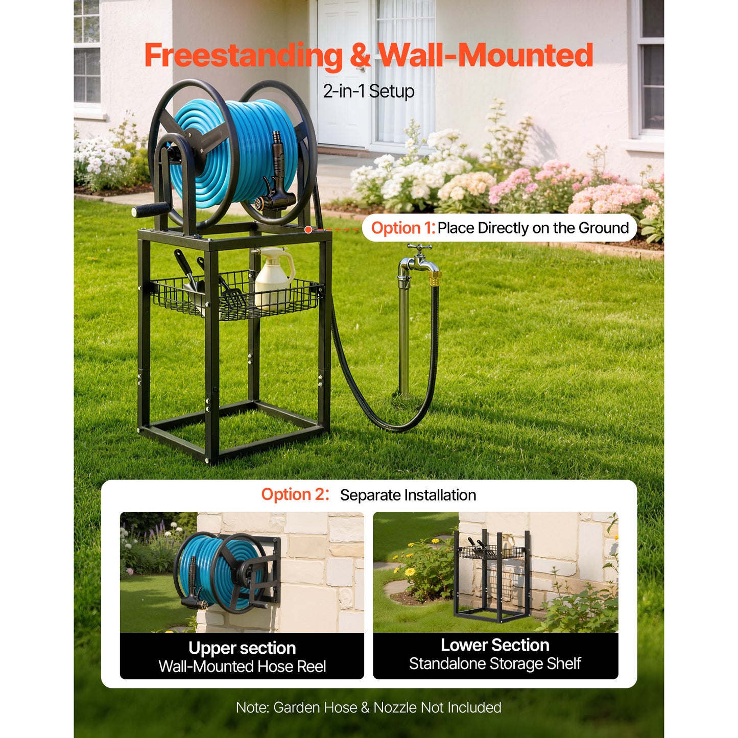 Wall Mounted Garden Hose Reel - Holds 200 Feet of 5/8 Inch Hose with Brass Connector, Decorative Bronze Finish for Yard and Garden