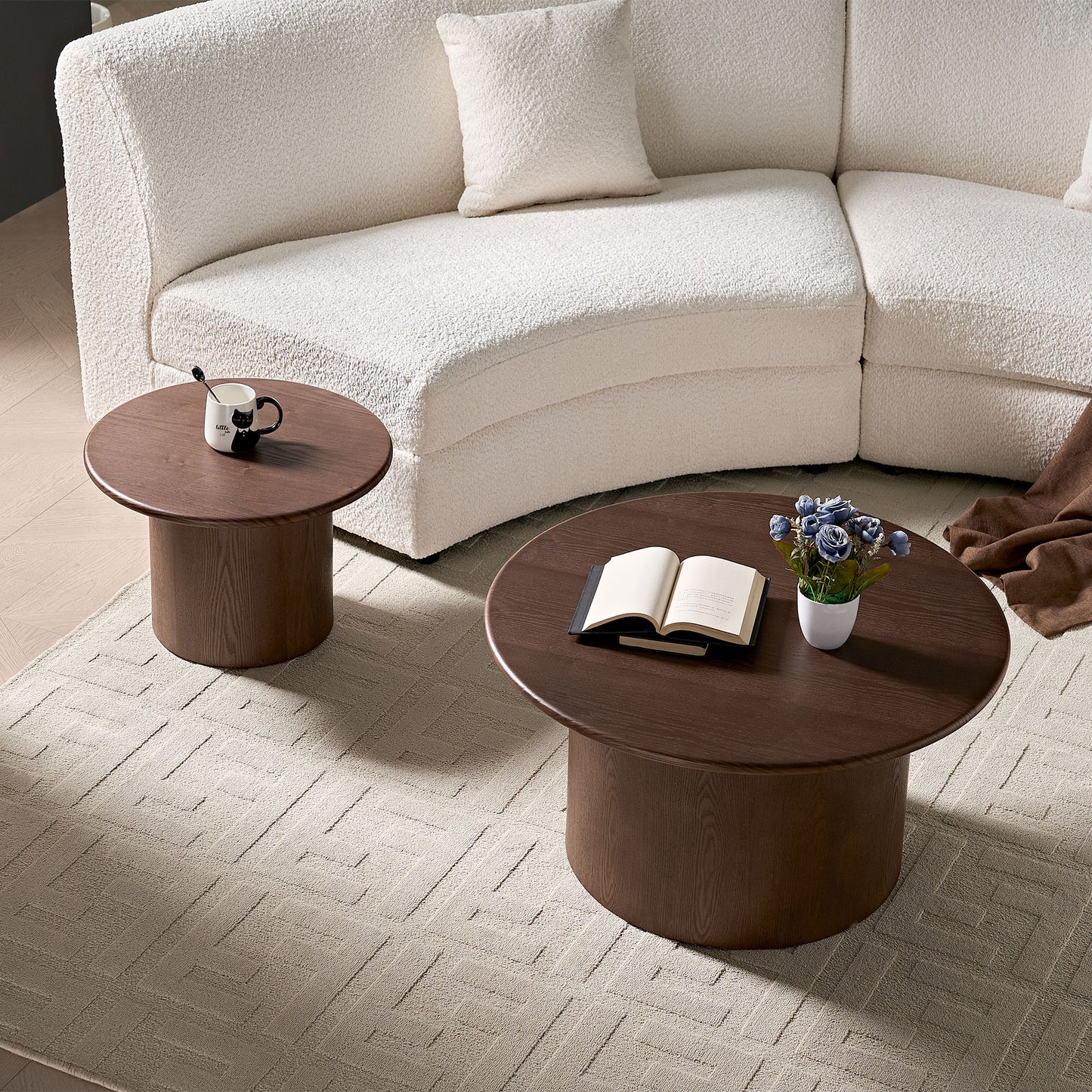 Round Coffee Table Set of 2 - Mid-Century Modern Walnut MDF