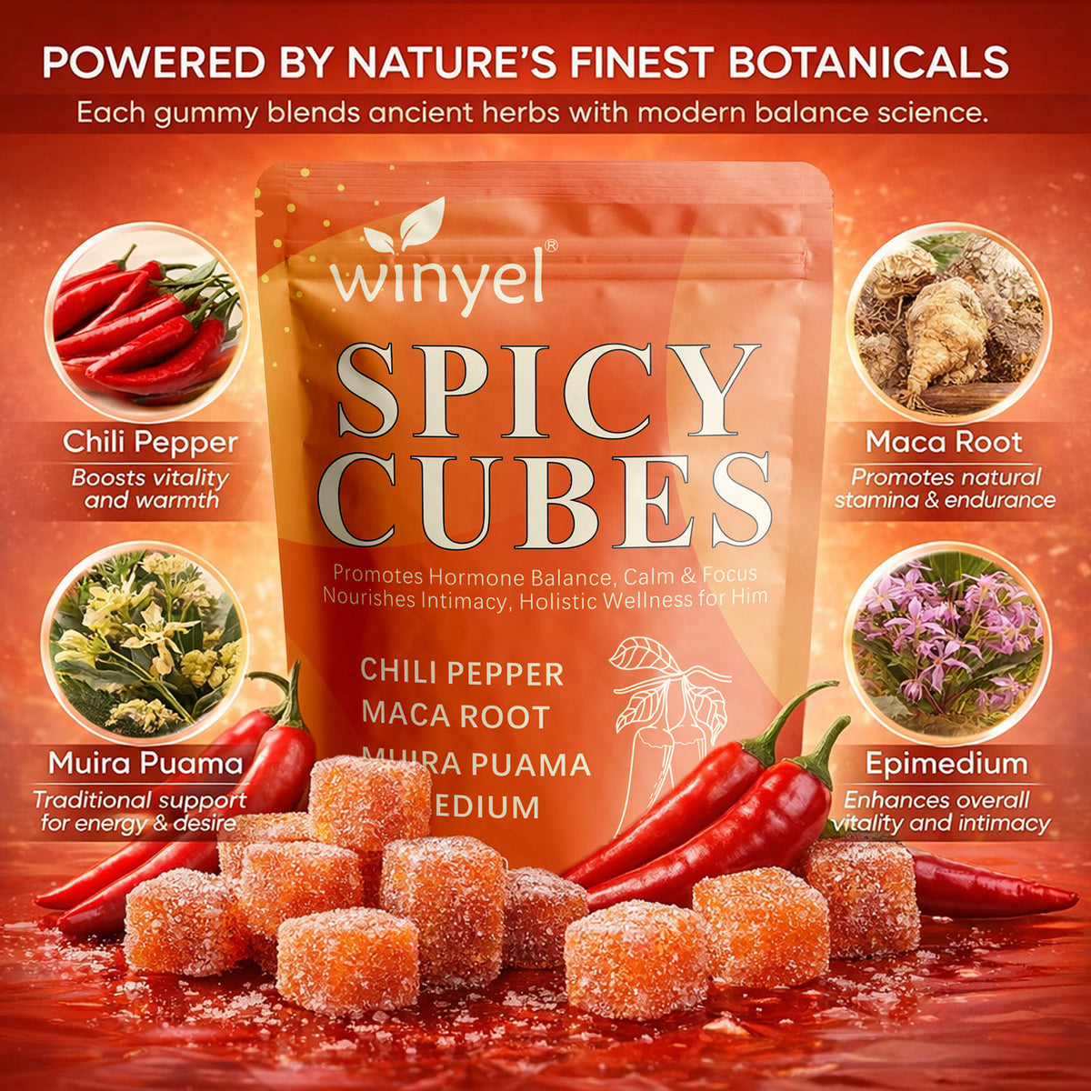 Herbal Intimacy Gummies with Chili Pepper & Maca - Peach Flavor, 30 Gummies