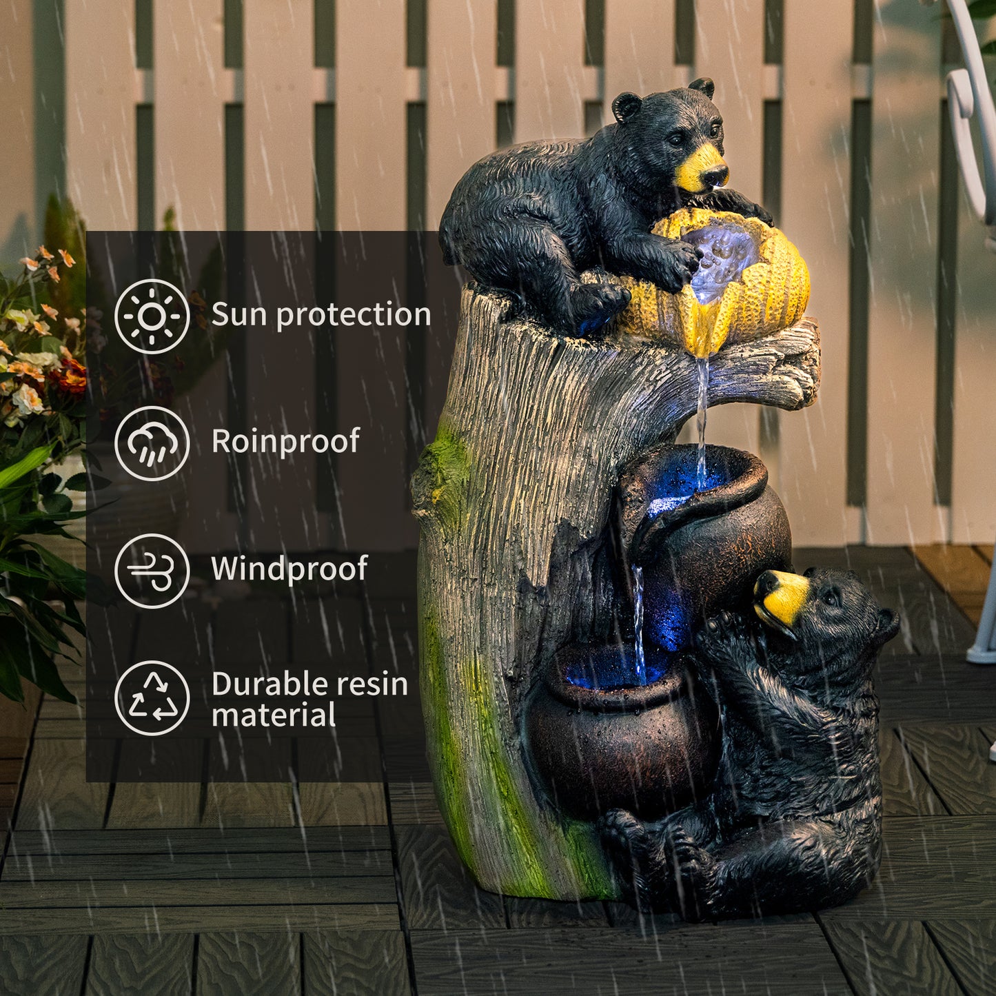 Bear Outdoor Water Fountain with LED Lights, Cascading Garden Decor, 23.6 Inches