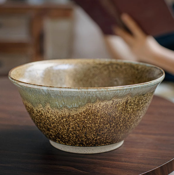 Large Ceramic Ramen Bowl - Vintage Open Noodle Bowl with Anti-Scald Feature, Verdigris