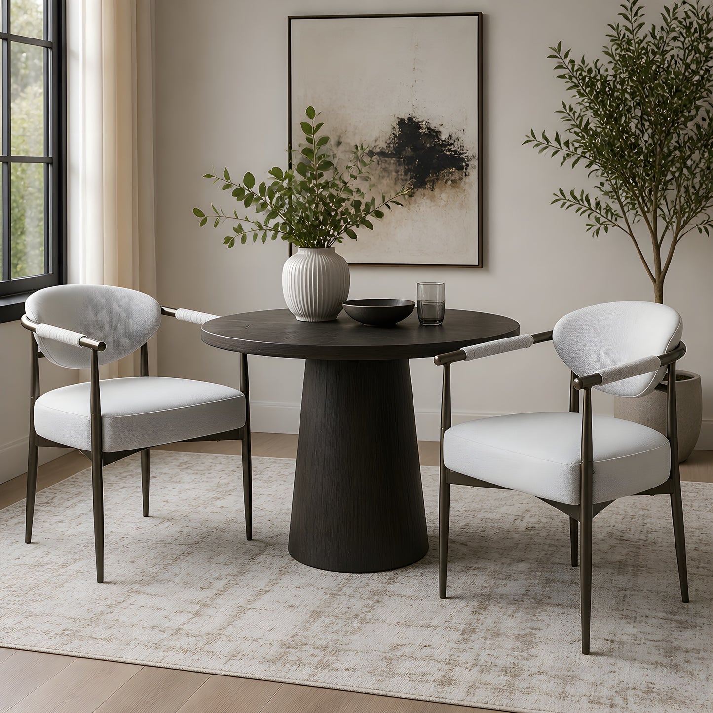 Modern Upholstered Dining Chairs Set of 2 with Bronze Frame - Beige