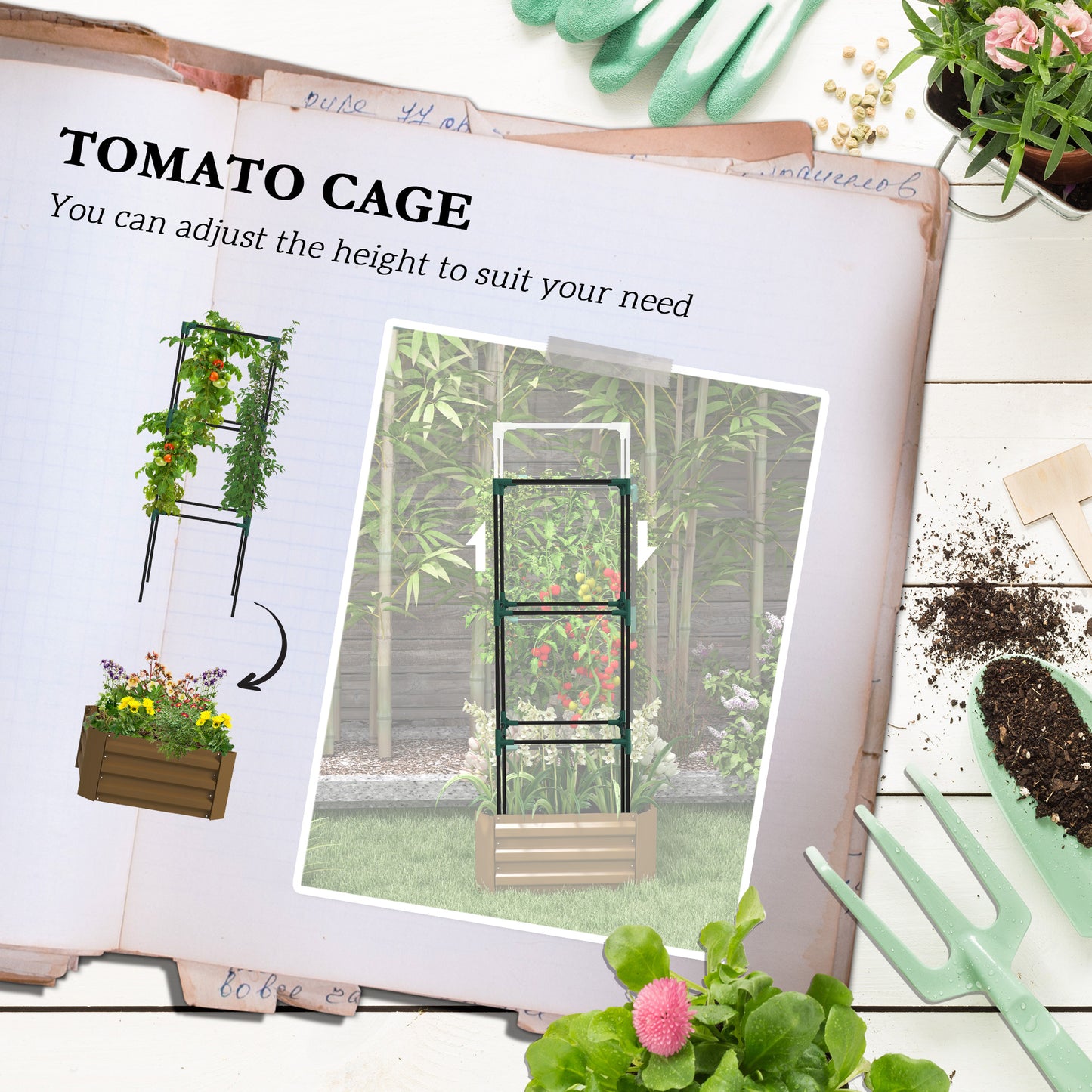 Galvanized Raised Garden Bed with Tomato Cage - 24x24x55 Inches Outdoor Planter