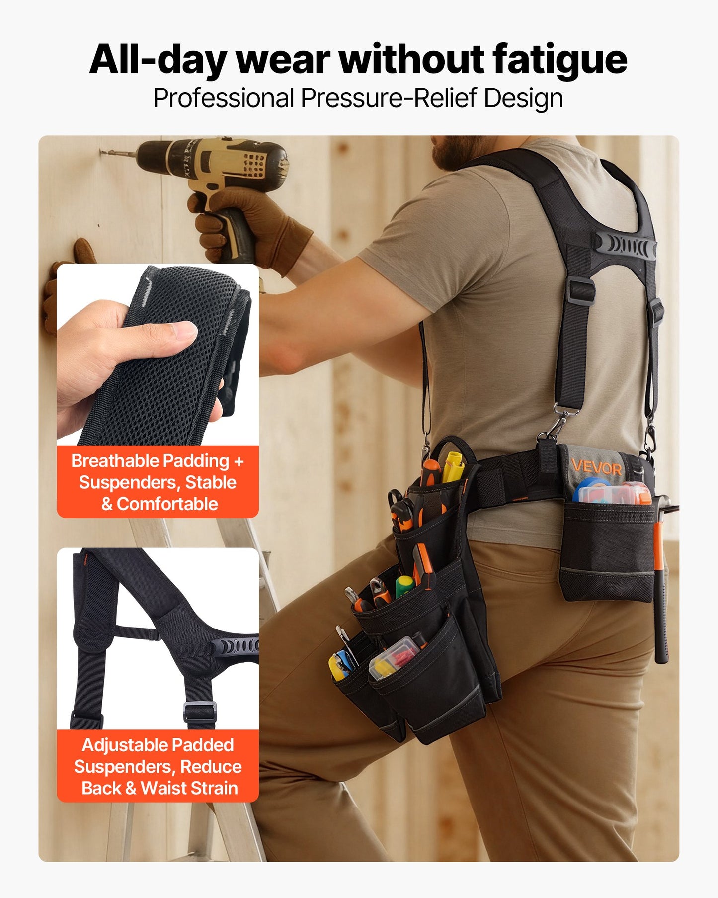 Heavy Duty Tool Belt with 19 Pockets for Construction & Carpentry - Adjustable Waist 31-51in