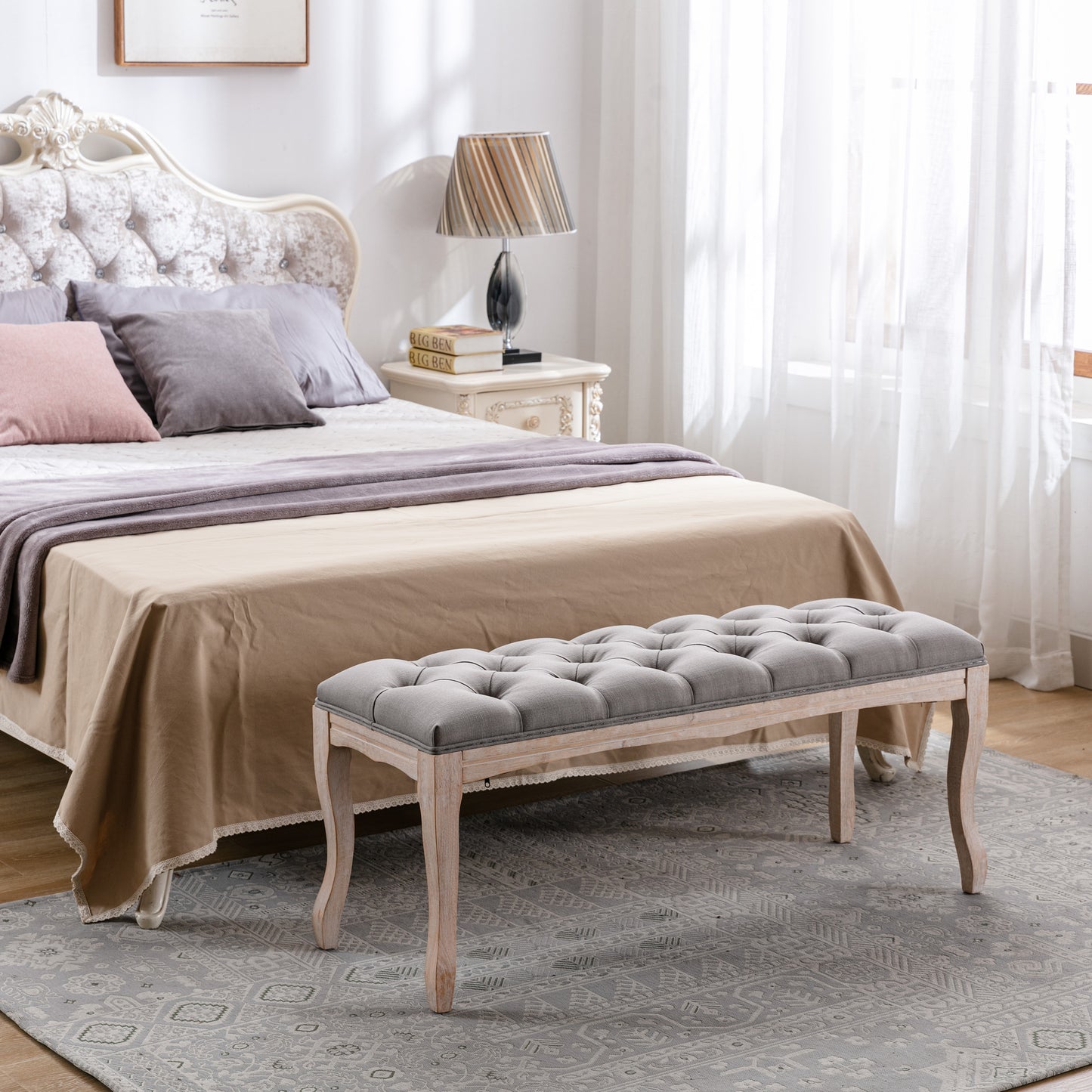 French Vintage Upholstered Bench - Grey Linen, 43.3"