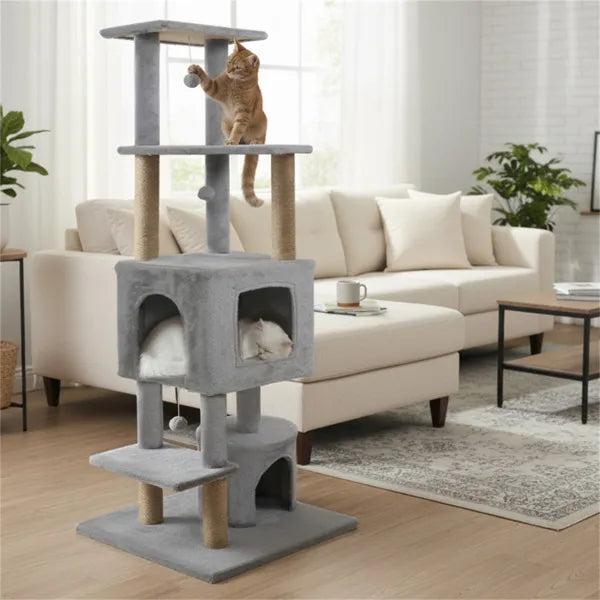 64-Inch Light Gray Cat Tower with Plush Perches & Scratching Posts