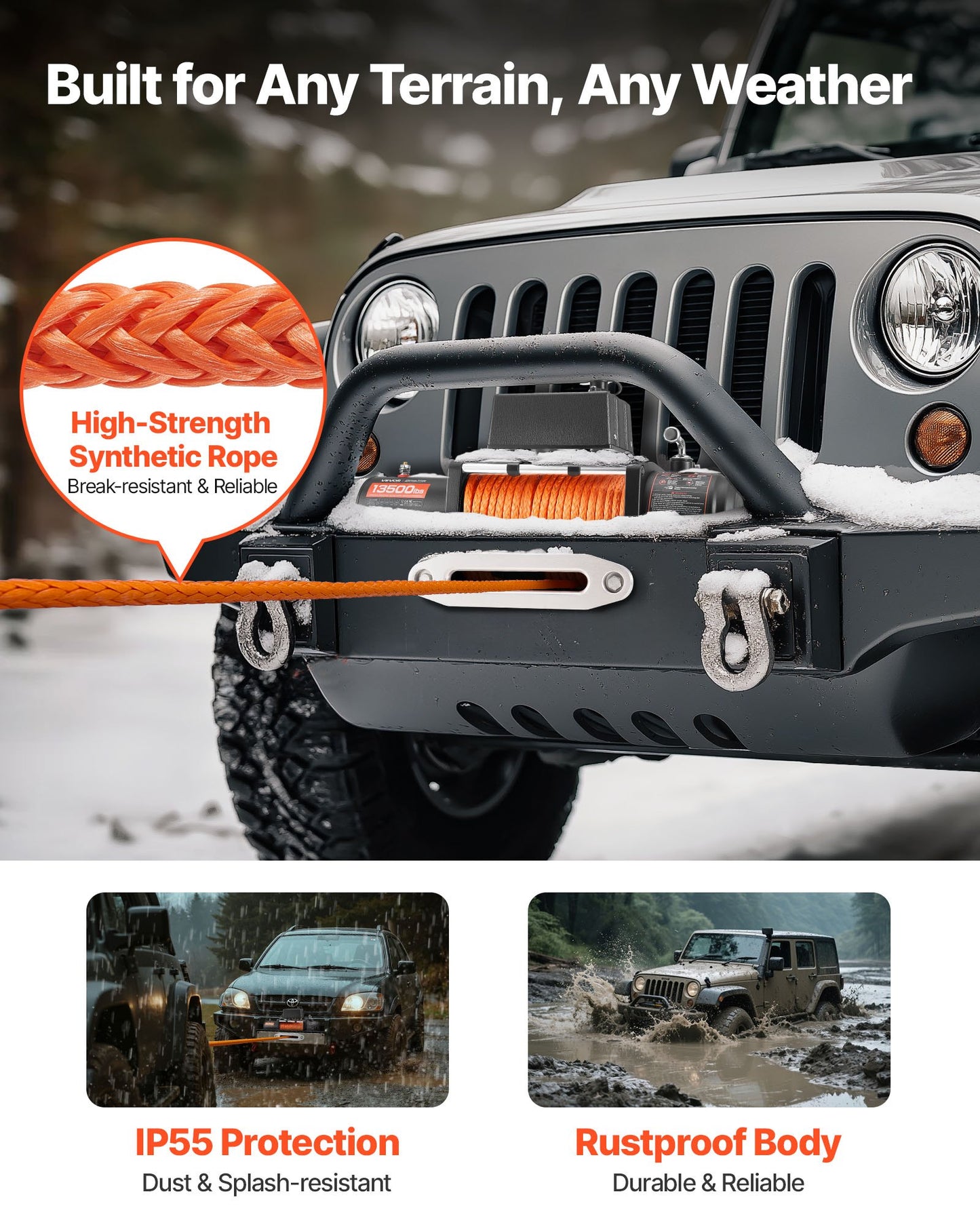 Heavy-Duty Electric Winch 13,500 lbs Synthetic Rope Waterproof Remote Control
