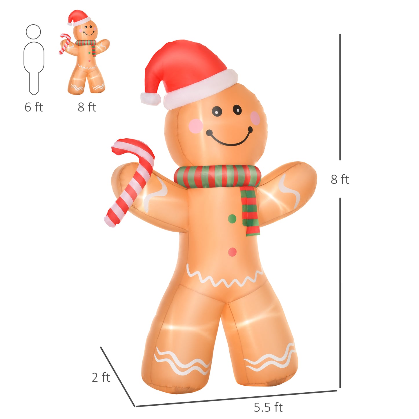 8ft Inflatable Gingerbread Man with Candy Cane - LED Lights