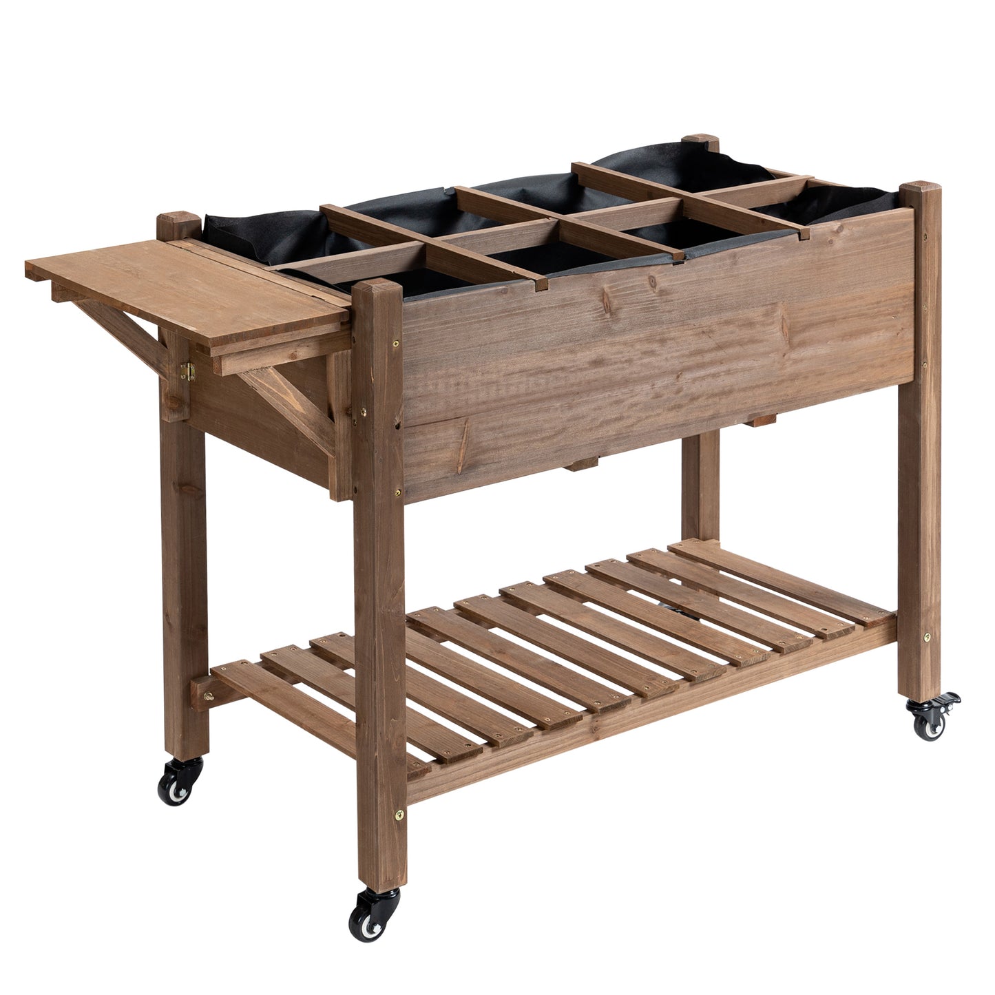 Wooden Garden Bed with Wheels, Foldable Side Clapboard, Self-Draining Design