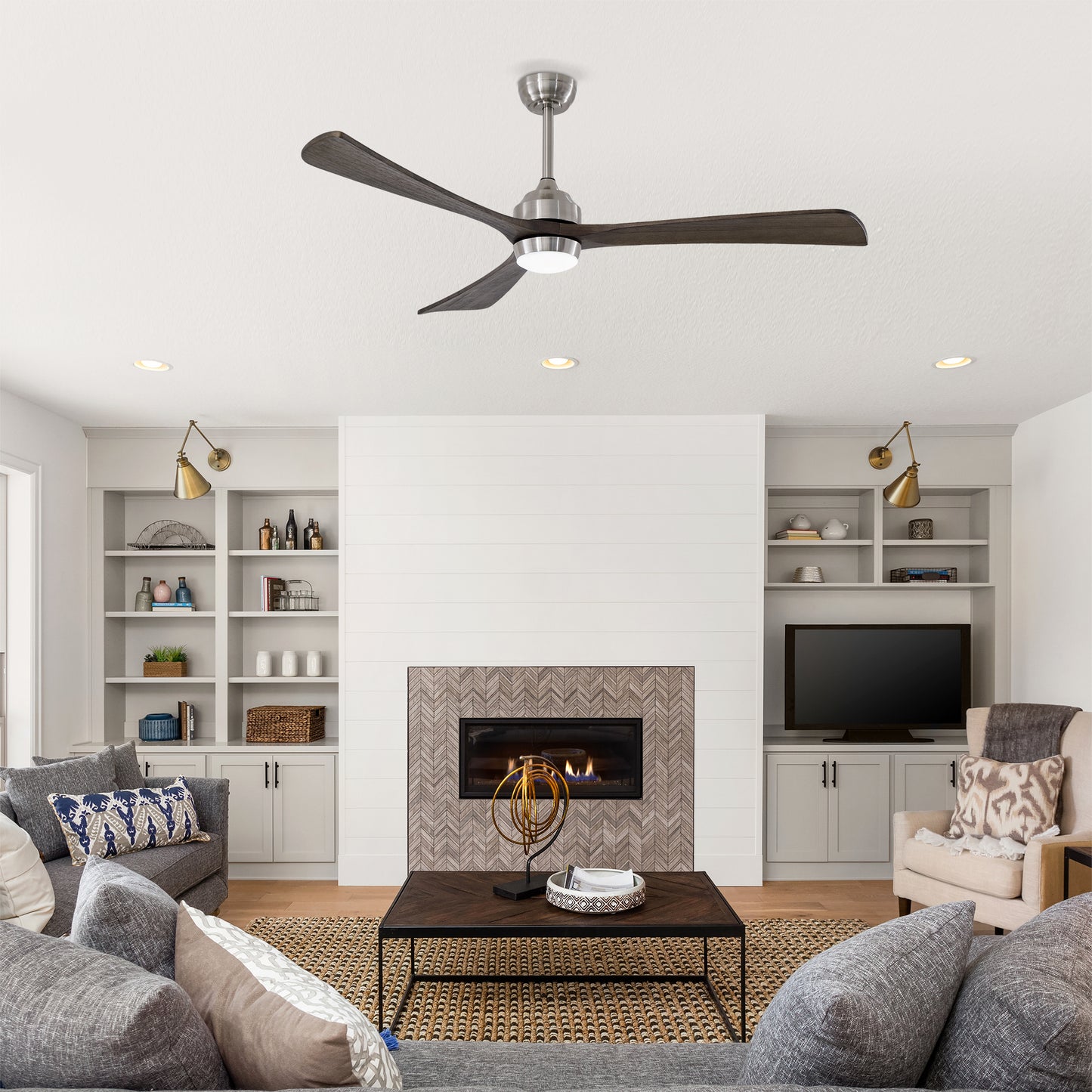 62" Solid Wood Blades Ceiling Fan with Lights & Remote Control - Nickel